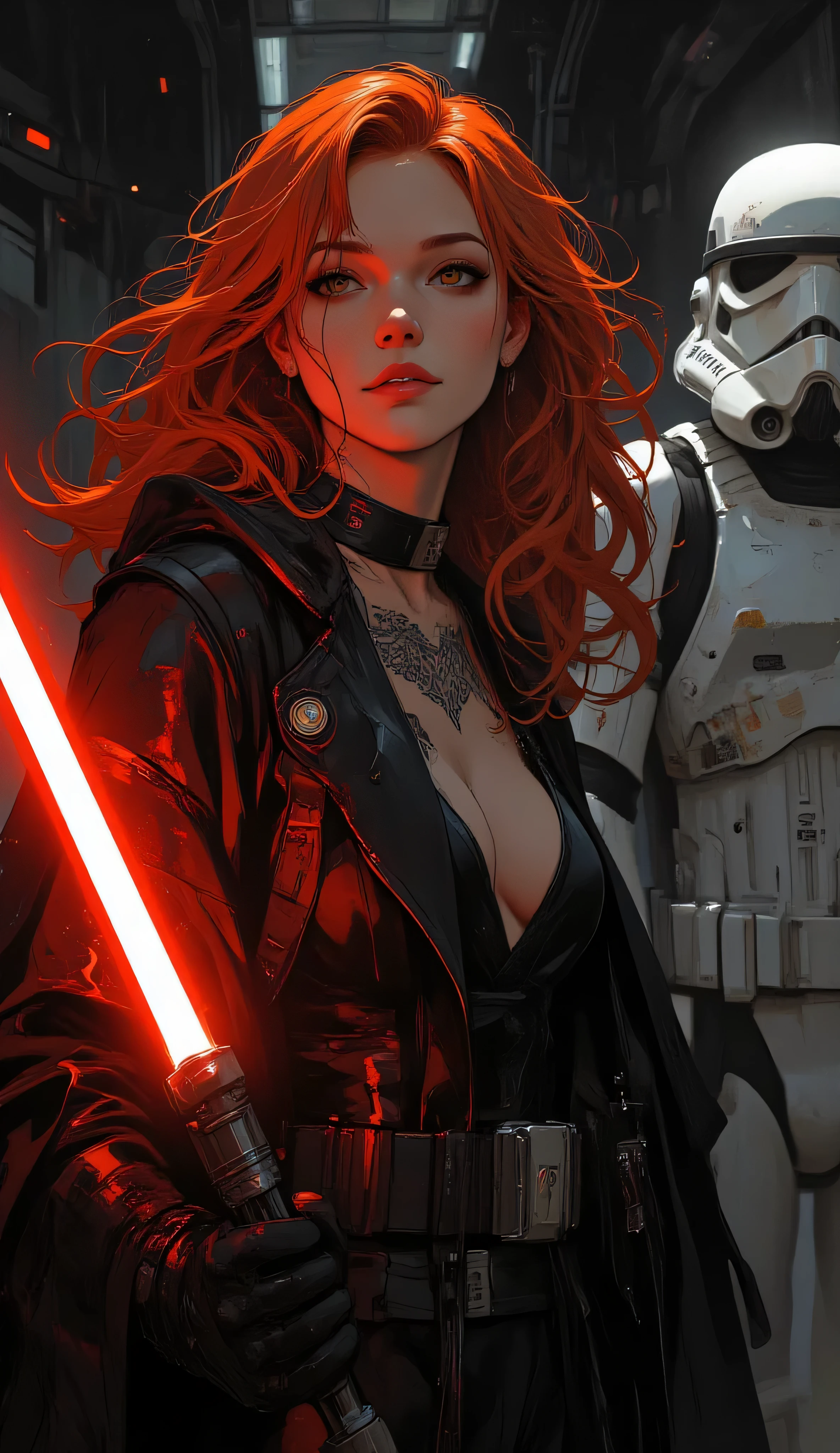 Score_9, score_8_up, score_7_up, ((highest quality)), ((masterpiece)), Perfect Face, (High definition), (Best Shadow), 8k, cinematic. a woman sith,Mara Jade, beautiful woman, red wavy hair, green eyes and white skin, black tattooed body, wears the classic sith tunic,   and open on the , long black coat, smiles slyly, waiting for an attack, red lightsaber in hand, perfect hands, perfect detailed lightsaber, in the background two stormtrooper in the tie fighter hangar on Black Death, ultra detail, photorealistic, no reflection, perfect details, perfect symmetry, studio lightening, hyper realistic, 4k 

