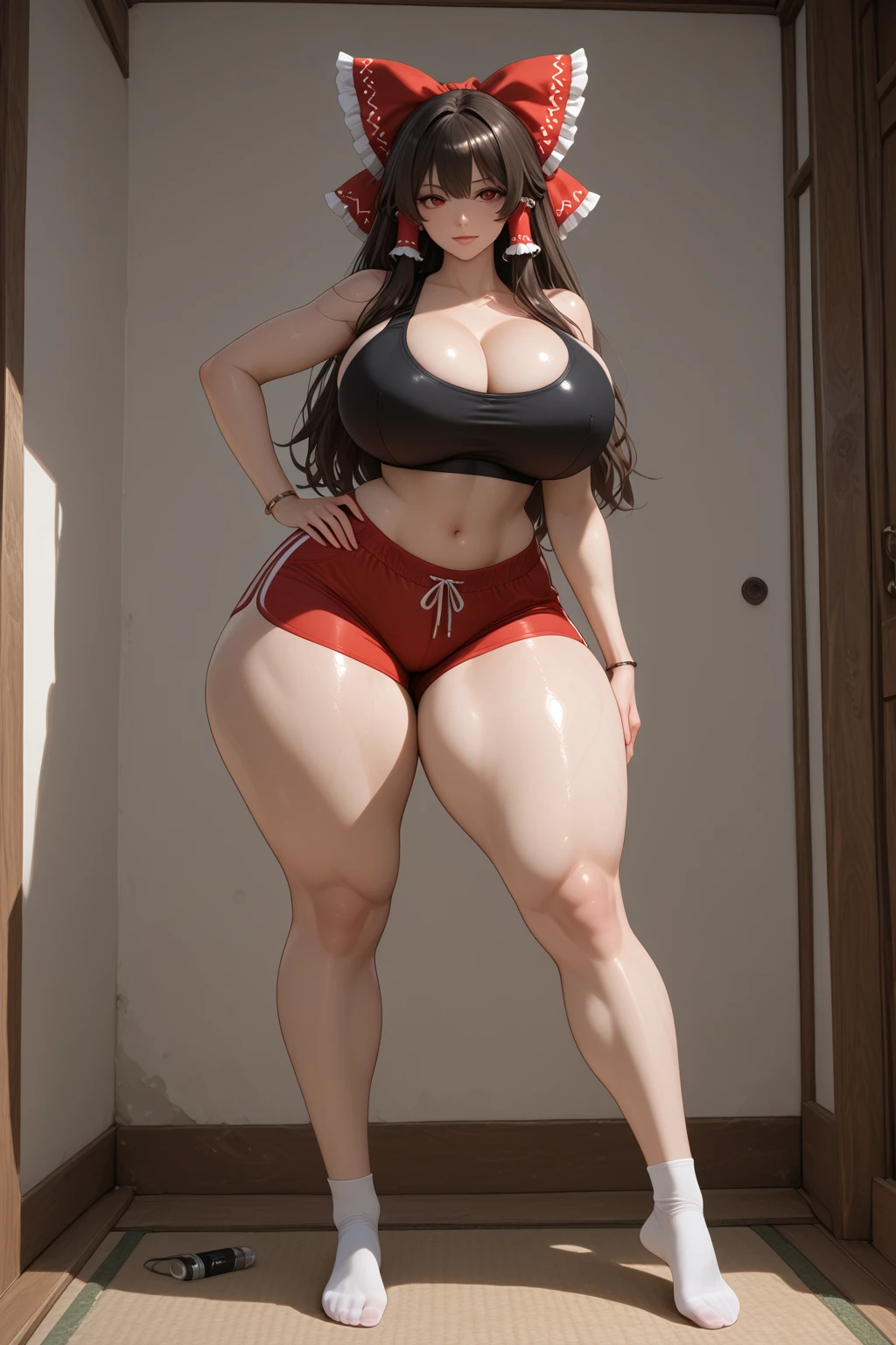 1female, 24 years old, she has curly hair, hair curly, (long hair: 1.0), (dark brown hair: 1.5), (messy hair), (asian eyes), gorgeous face, beautiful girl, brown eyebrows, (brown eyes: 1.5), (???????????: 1.0), perfectly rounded ???????, (thick thighs: 1.5), (wide ????: 1.5), (wide pelvis: 1.5), big ?????, curvaceous, (defined girl), (fitness girl: 1.0), perfect body shape, (brunette skin: 1.35), (body moles), (((wearing sport clothing, black ????? and a black baggy t-shirt, ???? legs))), (((plain t-shirt))), (loose t-shirt: 1.35), (bedroom, bed, messed bedroom, warm light background), ????, ??????, daring, (detailed background), 8k quality, wallpaper, high quality, Cinmatic lightning, gentle face, expressive face, (detailed face), the face is well lit, (detailed eyes), beautiful eyes, centered,scale to fit dimensions,Rule of thirds), highres,sharp focus, (ultra detailed,extremely detailed),(photorealistic artwork:1.37),(extremely detailed CG unity 8k wallpaper), (((vibrant colors,vibrant theme))), standing on your feet, Cinmatic lightning, (???? pose), (dynamic pose: 1.5), thigh high, sensual girl, (medium full shot), perfect proportionate body 