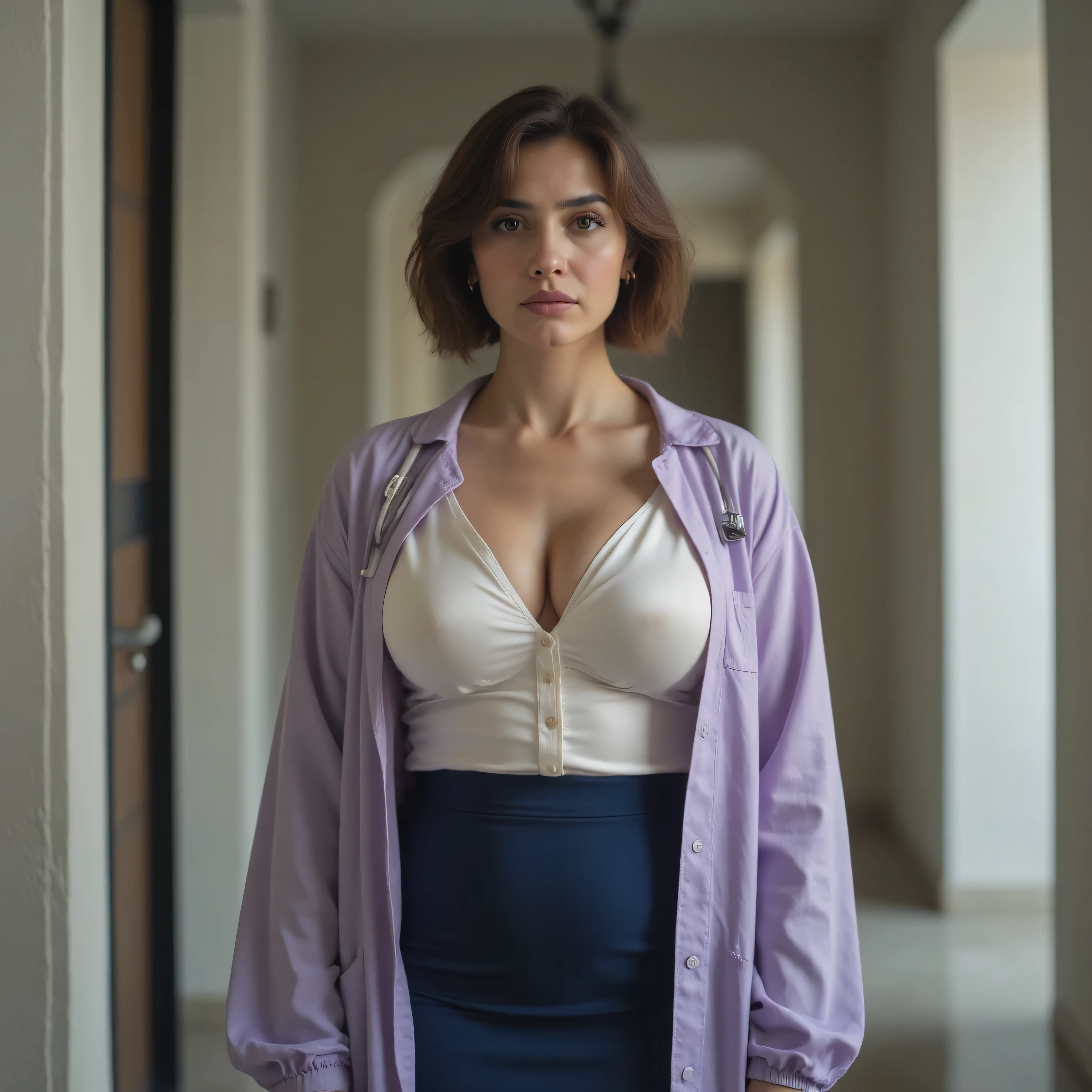 A realistic, high resolution photograph of a beautiful Indian woman in her 60's; full body frontal view facing the camera with her arms at her sides looking at the camera. There is extra space in the photo above her head. She has an curvy, hourglass, fashion model figure with very large rounded, uplifted breasts, very large hips, and a medium waist. She has very short chestnut brown hair in a short straight bob with a side part. She has a perfect, beautiful face, a small nose and a short, thick neck. She has brown eyes and a beige complexion. Her lips are slightly open and she has a anxious expression. She is wearing a pearl satin blouse, a indigo polyester skirt, and an open lavender lab jacket that covers her shoulders. The rounds of her breasts are well defined beneath her clothing and you can see some cleavage. There is no one else in the photo. There is extra space above the subject’s head and centered composition — suitable for magazine-style layout or cinematic framing.