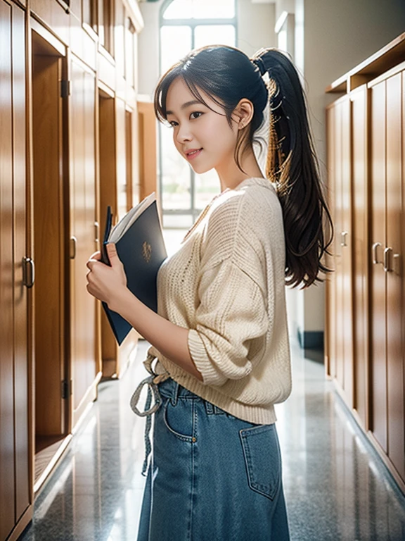 (best quality,realistic,ultra-detailed),a sexy and slim 18-year-old French brunette woman in pink short sleeve hoodie, visible leg,classroom,short en jean