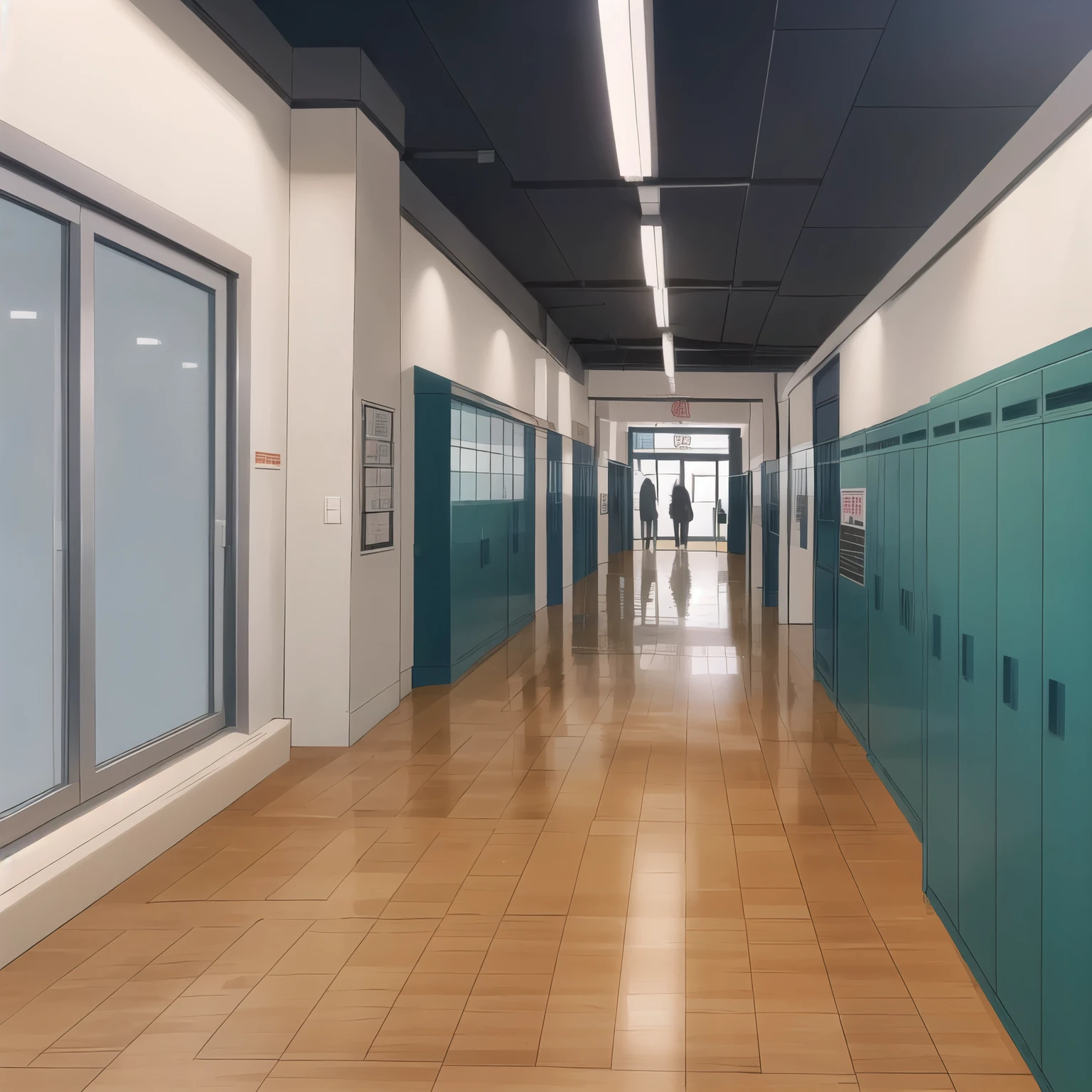 a drawing of a corridor with a line drawing of a corridor, background de ensino médio, Japanese school corridor, school corridor with steel cabinets, classic anime school corridor, escola de anime
