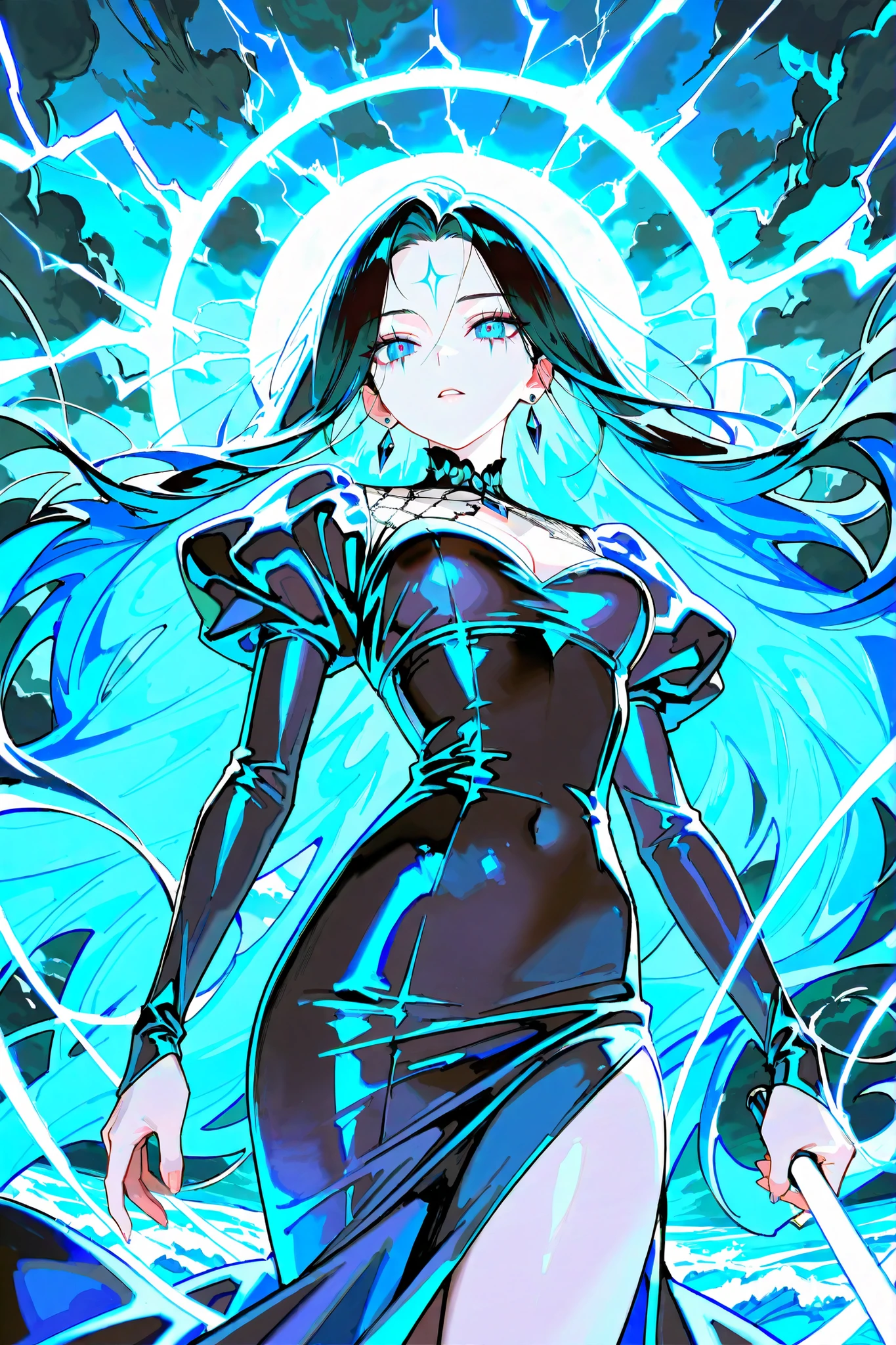 Female in her 30s, Powerful Sea Witch, elegant blue silk dress, Long Wavy Black Hair, Shining Deep Sea Blue Eyes, Faces with Sharp Features, pale skin, Hand with a Magic Wand, On the Stormy Sea, Rough waves , Lightning sky, dark clouds, Magical Vortex, Mysterious Sea Creatures, Blue Magical Aura, intense contrast , dramatic lighting, Dark Atmosphere, Tons of pearls
illusP0s,detailxl,much,bishounen,ONES,(masterpiece:1.2, best quality, ultra-detailed,), score_9, 1woman, solo_focus, cowboy shot, slightly low angle, soft lighting, cool and pastel color tone, hyperdetailed, defined facial features, perfect face, detailed hands