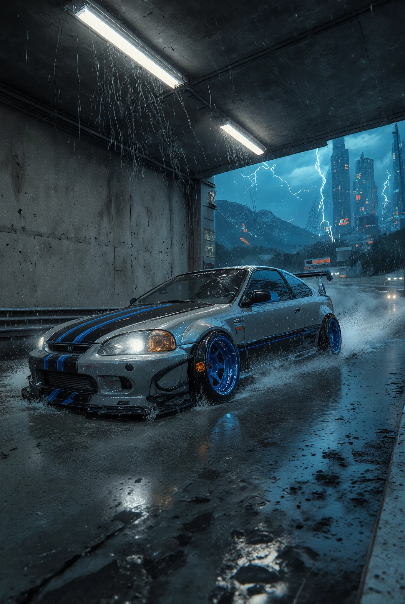 The image is a 3D rendering of a tuned sports car, a tuned 1998 Honda Civic coupe, very low suspension, sparkling, metallic silver, heavy, wheels turned outwards, wide tires, tinted windows, dynamic, parked in a concrete garage. The car is located on the left side of the image and is located in the center of the frame. It has a sleek aerodynamic design with a low profile and sharp corners. The car's body is predominantly silver in color, with a black stripe on the sides and a blue stripe in the middle. The wheels are large and have a unique design with blue and black custom rims. The garage has a concrete floor and a gray wall with horizontal slats. Three fluorescent lights hang from the ceiling above the garage....heavy rain, night, in the middle of a traffic stream, racing at top speed along a winding expressway in the pouring rain, on a sharp turn, on the verge of an accident due to rain, in clouds of smoke from under the wheels, footprints on wet asphalt, curved, wildly rotating wheels, wide tires, fiery discs, powerful the headlights pierce torrents of rain, heavy downpour, lightning flashes, reflection of lights on wet asphalt, sea on one side of the road, mountains on the other, night sky, low blue clouds, clouds, Continuous slanting streams of rain poured down from the sky. sky, modern metropolis far on the horizon, reflections of city lights in the night sky, glass, concrete skyscrapers, neon advertising, street racing atmosphere, danger, anxiety, power, speed, blur effect, linear angular perspective, color perspective, tonal perspective, bottom shot, animated digital art with high resolution detail,