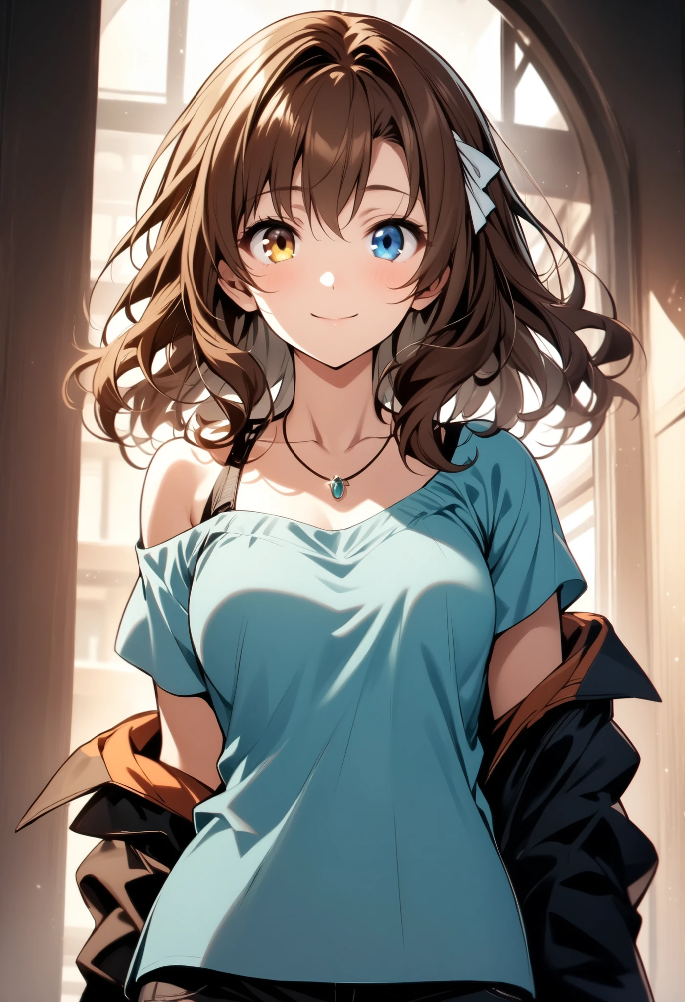 (high-quality, breathtaking),(expressive eyes, perfect face) 1girl, symmetrical eyes, female, solo, adult woman, mum, age late 20's, brown hair, Heterochromia, medium hair shoulder length, white ribbon in hair, white headband in hair, soft wavy hair, gentle smile, loose hair, side bangs, looking at viewer, happy expression, modern clothing, off the shoulder shirt blue shirt, black jeans, small necklace shapped elegent, mature, height 5"6, hairstyle similar to haruhi suzumiya, relaxed pose, standing straight, relaxed arms, cowboy shot