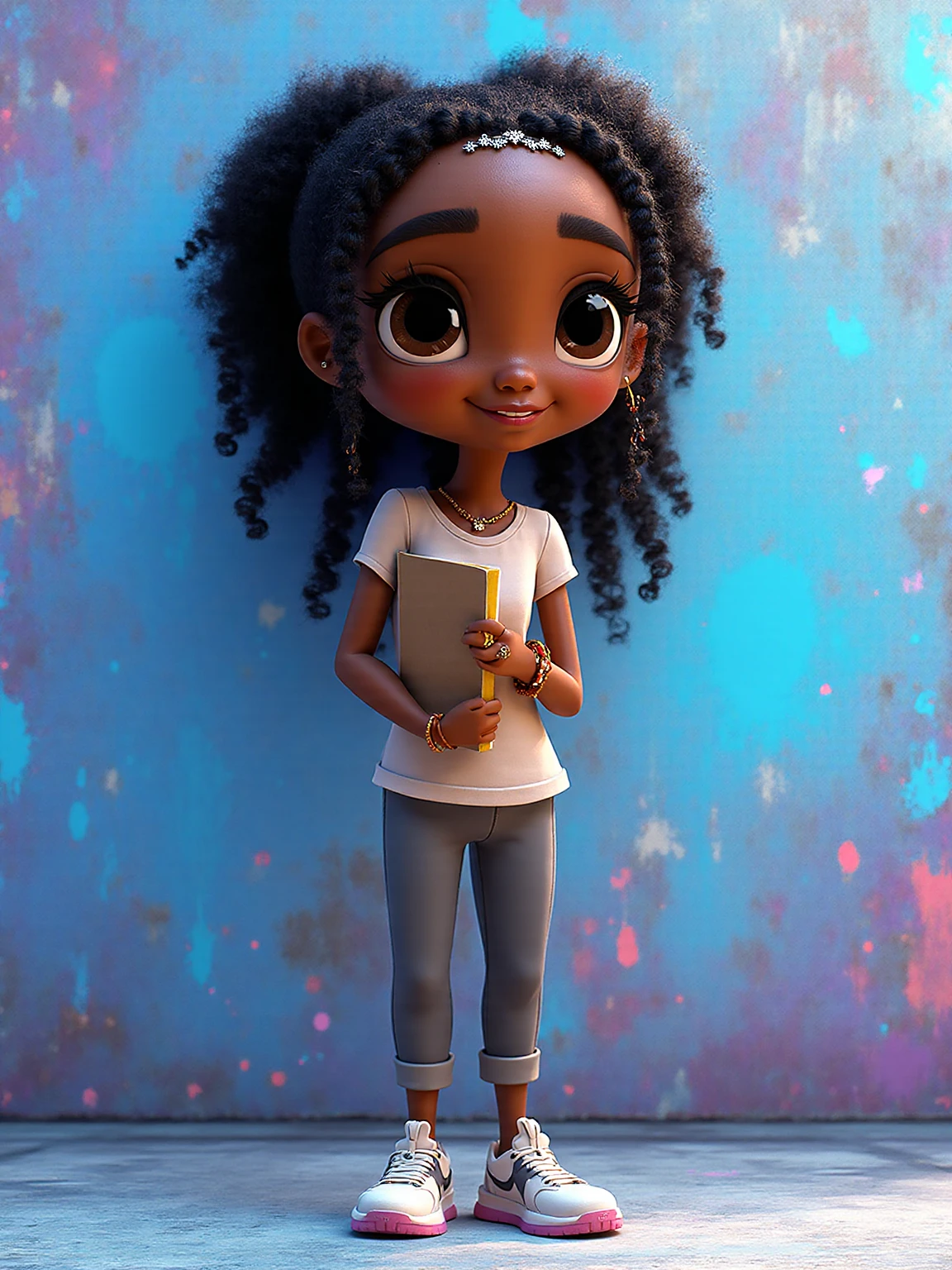 estilo chibi, jeans, fofo, sorrir, Afro Girl holding a book while wearing glasses, master part, Estilo 3dm, Olhe para o Visualizador,