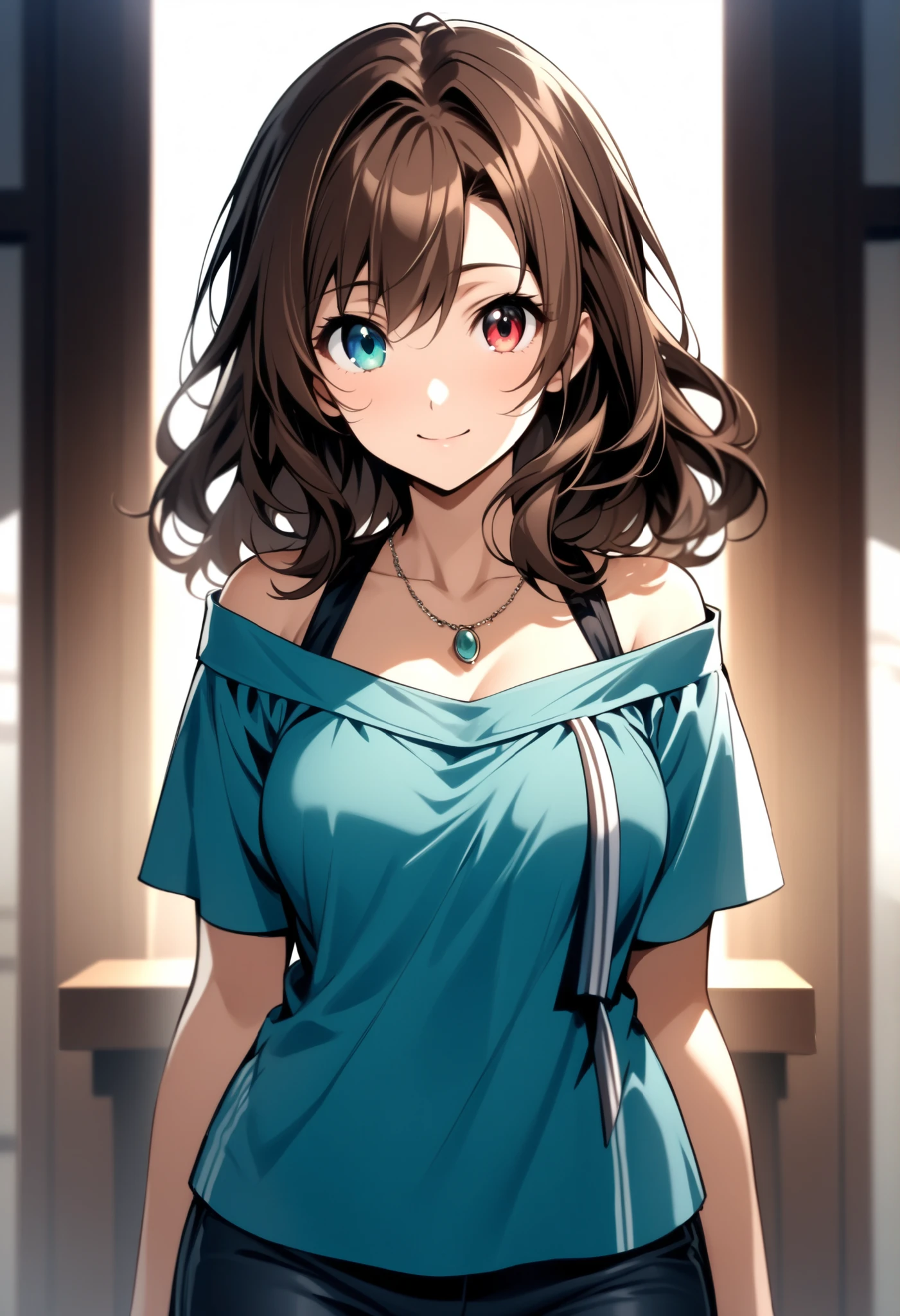 (high-quality, breathtaking),(expressive eyes, perfect face) 1girl, symmetrical eyes, female, solo, adult woman, mum, age late 30's, brown hair, Heterochromia, medium hair shoulder length, white ribbon in hair, white headband in hair, soft wavy hair, gentle smile, loose hair, side bangs, looking at viewer, happy expression, modern clothing, off the shoulder shirt blue shirt, black jeans, small necklace shapped elegent, mature, height 5"6, hairstyle similar to haruhi suzumiya, relaxed pose, standing straight, relaxed arms, cowboy shot