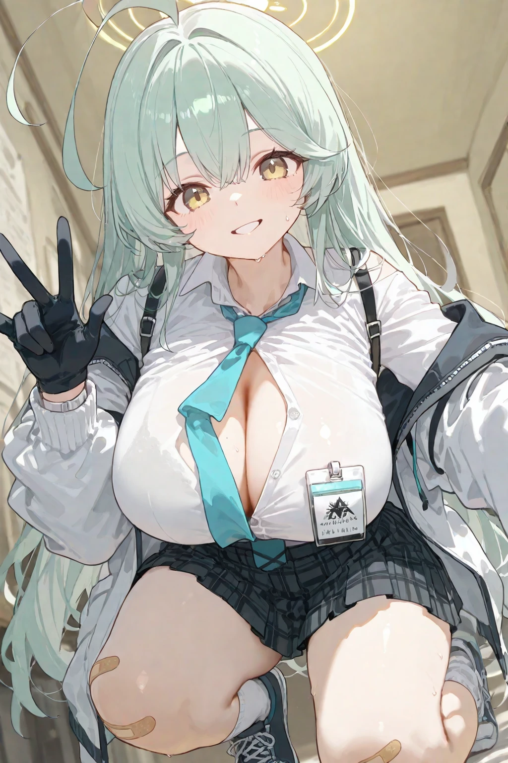 nsfw、(masterpiece、Highest quality、))、beautiful detailed eyes 、ultra-detailed、girl , Gray Hair、Ahoge、Braid、Long Hair, Blue eyes、ponytail、big breasts、blurry background、Classroom、evil smil,School white blouse 、jacket over blouse ,gray slim fit pants、pumps、collarbone、open gray jacket 、off shoulder、