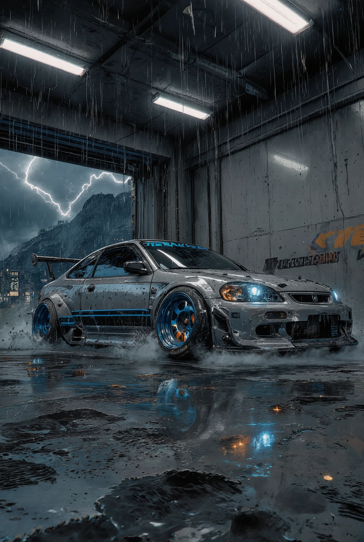The image is a 3D rendering of a tuned sports car, a tuned 1998 Honda Civic coupe, very low suspension, sparkling, metallic silver, heavy, wheels turned outwards, wide tires, tinted windows, dynamic, parked in a concrete garage. The car is located on the left side of the image and is located in the center of the frame. It has a sleek aerodynamic design with a low profile and sharp corners. The car's body is predominantly silver in color, with a black stripe on the sides and a blue stripe in the middle. The wheels are large and have a unique design with blue and black custom rims. The garage has a concrete floor and a gray wall with horizontal slats. Three fluorescent lights hang from the ceiling above the garage....heavy rain, night, in the middle of a traffic stream, racing at top speed along a winding expressway in the pouring rain, on a sharp turn, on the verge of an accident due to rain, in clouds of smoke from under the wheels, footprints on wet asphalt, curved, wildly rotating wheels, wide tires, fiery discs, powerful the headlights pierce torrents of rain, heavy downpour, lightning flashes, reflection of lights on wet asphalt, sea on one side of the road, mountains on the other, night sky, low blue clouds, clouds, Continuous slanting streams of rain poured down from the sky. sky, modern metropolis far on the horizon, reflections of city lights in the night sky, glass, concrete skyscrapers, neon advertising, street racing atmosphere, danger, anxiety, power, speed, blur effect, linear angular perspective, color perspective, tonal perspective, bottom shot, animated digital art with high resolution detail,