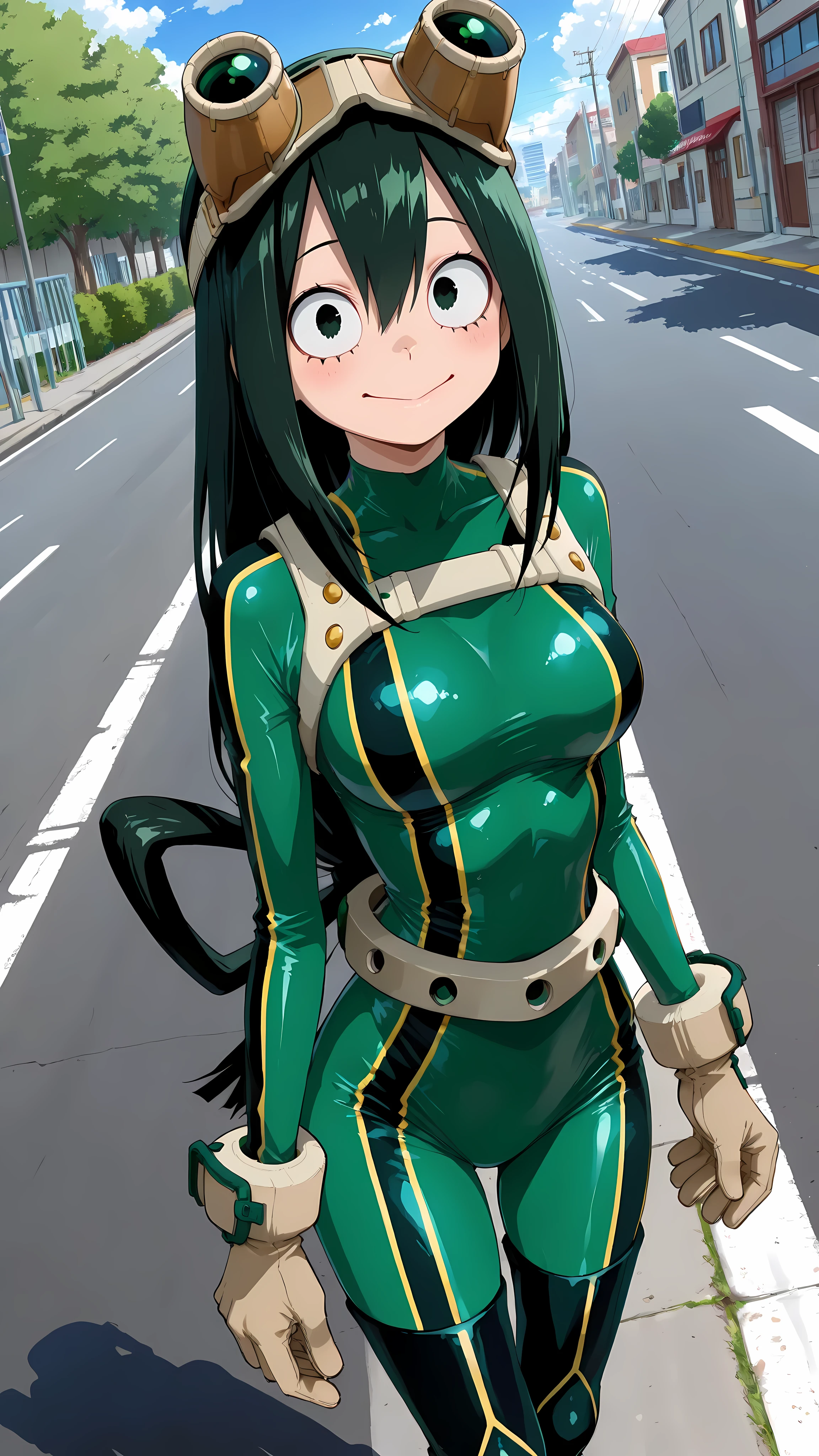 (masterpiece,best quality:1.2,amazing quality,very aesthetic, absurdres, newest), (anime coloring), official style,(asui tsuyu, boku no hero academia ) ,1girl,solo,(ideal ratio body proportions:1.2) ,(skinny),medium breasts, black hair,smile, Hero's costume ,goggles on head, bodysuit, on road,dynamic angle,
