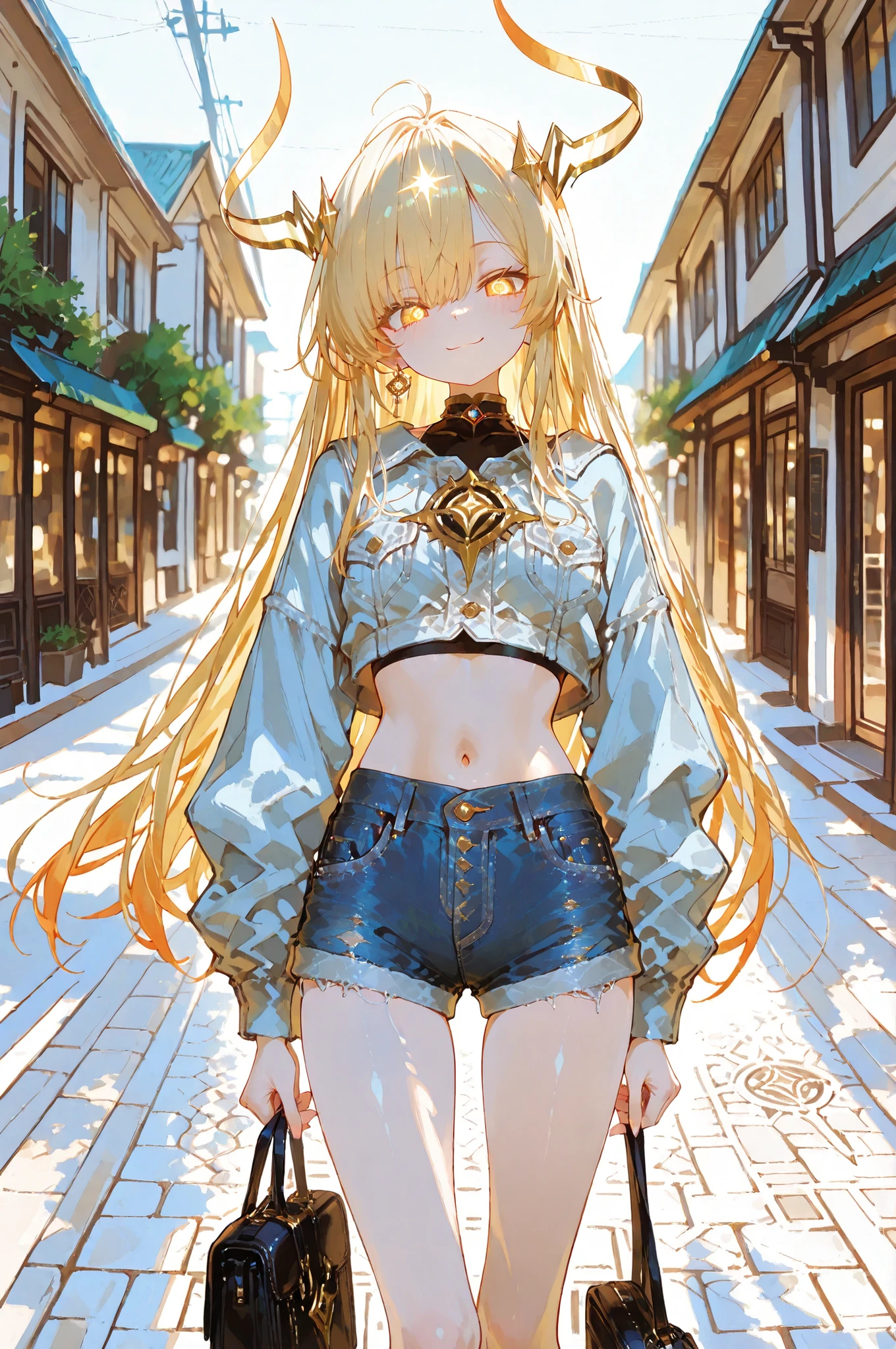 battlemage_neopresencia,On a bright spring afternoon, a young girl with a radiant smile walks along a clean city pavement. She wears a light blue vintage fitted denim jacket over a pure cotton white cropped crop top, paired with crisp white high-waisted denim shorts and a pair of white platform trainers, showcasing her slender bare legs. The clear skies cast a soft, golden glow upon her silhouette. Her long hair fluttered gently in the breeze, her expression radiating natural joy and confidence. Modern glass-fronted buildings and greenery line the street, with the background softly blurred to emphasise the subject. High-definition photography captures fresh, natural colours.。.***.*,748cmstyle,,,Top quality, masterpiece, original photo, ultra-high resolution, ultra-high quality, super detail, 8k picture quality, ultimate quality, detailed description, symmetrical eyes, detailed and beautiful face, extremely detailed cg,