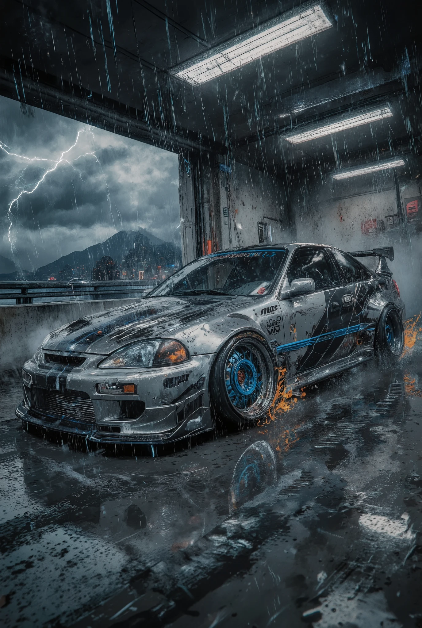 The image is a 3D rendering of a tuned sports car, a tuned 1998 Honda Civic coupe, very low suspension, sparkling, metallic silver, heavy, wheels turned outwards, wide tires, tinted windows, dynamic, parked in a concrete garage. The car is located on the left side of the image and is located in the center of the frame. It has a sleek aerodynamic design with a low profile and sharp corners. The car's body is predominantly silver in color, with a black stripe on the sides and a blue stripe in the middle. The wheels are large and have a unique design with blue and black custom rims. The garage has a concrete floor and a gray wall with horizontal slats. Three fluorescent lights hang from the ceiling above the garage....heavy rain, night, in the middle of a traffic stream, racing at top speed along a winding expressway in the pouring rain, on a sharp turn, on the verge of an accident due to rain, in clouds of smoke from under the wheels, footprints on wet asphalt, curved, wildly rotating wheels, wide tires, fiery discs, powerful the headlights pierce torrents of rain, heavy downpour, lightning flashes, reflection of lights on wet asphalt, sea on one side of the road, mountains on the other, night sky, low blue clouds, clouds, Continuous slanting streams of rain poured down from the sky. sky, modern metropolis far on the horizon, reflections of city lights in the night sky, glass, concrete skyscrapers, neon advertising, street racing atmosphere, danger, anxiety, power, speed, blur effect, linear angular perspective, color perspective, tonal perspective, bottom shot, animated digital art with high resolution detail,