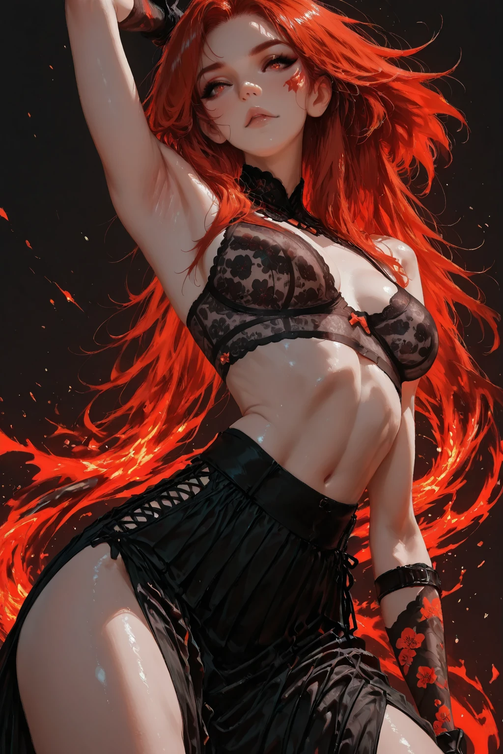 girl, long hair, ginger hair, black lingerie, dark, anger, flaming locks, ariel