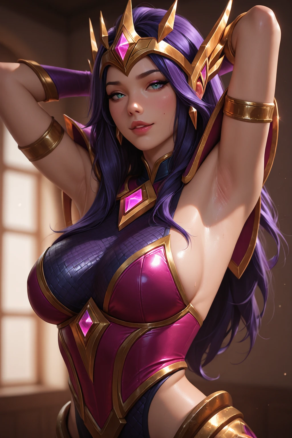 GAME_shantae_ownwaifu,www.ownwaifu.com,
long hair,purple hair,shantae,dark skin,breasts,very long hair,pointy ears,dark-skinned female,blue eyes,navel,ponytail,collarbone,large breasts,high ponytail,thick thighs,
jewelry,earrings,hoop earrings,pants,bracer,tiara,choker,cleavage,harem pants,bare shoulders,bandeau,o-ring,o-ring top,red pants,midriff,forehead jewel,vest,black choker,vambraces,circlet,
<lora:GAME_shantae_ownwaifu:0.9>, official art,extremely detailed CG unity 8k wallpaper, perfect lighting,Colorful, Bright_Front_face_Lighting,shiny skin, (masterpiece:1.0),(best_quality:1.0), ultra high res,4K,ultra-detailed, photography, 8K, HDR, highres, (absurdres:1.2), Kodak portra 400, film grain, blurry background, (bokeh:1.2), lens flare, (vibrant_color:1.2),professional photograph, (beautiful_face:1.5),