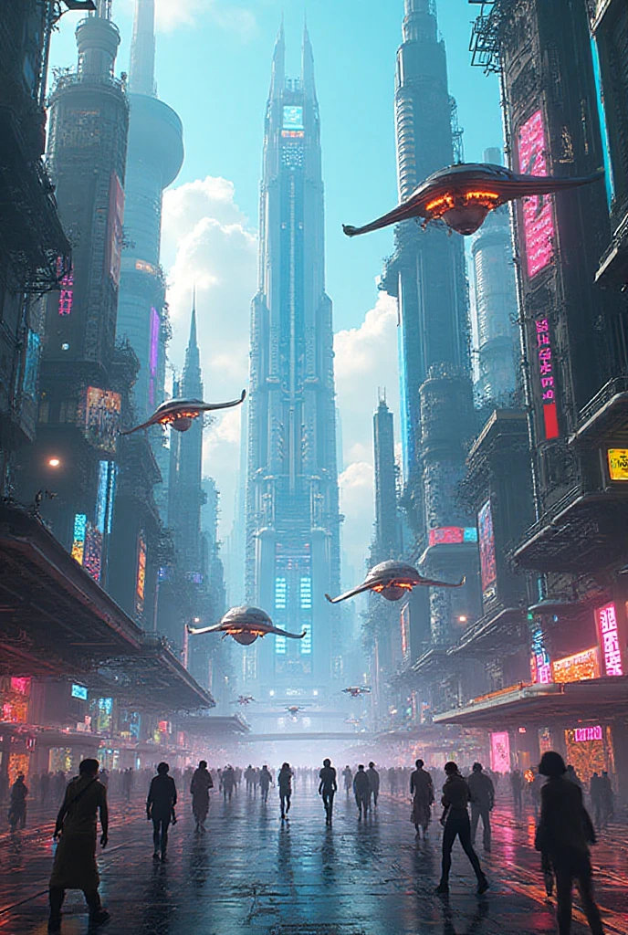 /imagine a futuristic city with flying cars, neon lights, cyberpunk ...