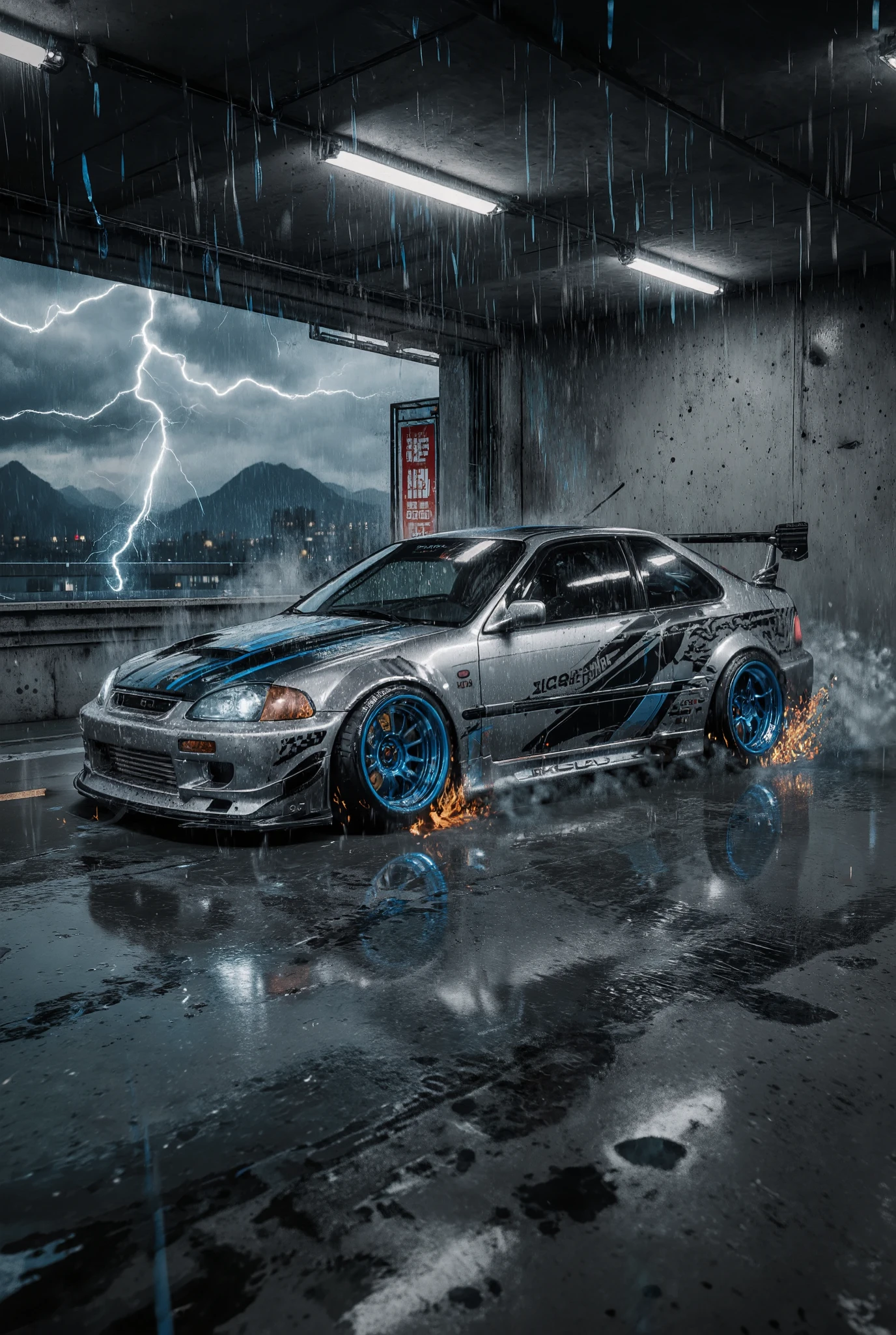 The image is a 3D rendering of a tuned sports car, a tuned 1998 Honda Civic coupe, very low suspension, sparkling, metallic silver, heavy, wheels turned outwards, wide tires, tinted windows, dynamic, parked in a concrete garage. The car is located on the left side of the image and is located in the center of the frame. It has a sleek aerodynamic design with a low profile and sharp corners. The car's body is predominantly silver in color, with a black stripe on the sides and a blue stripe in the middle. The wheels are large and have a unique design with blue and black custom rims. The garage has a concrete floor and a gray wall with horizontal slats. Three fluorescent lights hang from the ceiling above the garage....heavy rain, night, in the middle of a traffic stream, racing at top speed along a winding expressway in the pouring rain, on a sharp turn, on the verge of an accident due to rain, in clouds of smoke from under the wheels, footprints on wet asphalt, curved, wildly rotating wheels, wide tires, fiery discs, powerful the headlights pierce torrents of rain, heavy downpour, lightning flashes, reflection of lights on wet asphalt, sea on one side of the road, mountains on the other, night sky, low blue clouds, clouds, Continuous slanting streams of rain poured down from the sky. sky, modern metropolis far on the horizon, reflections of city lights in the night sky, glass, concrete skyscrapers, neon advertising, street racing atmosphere, danger, anxiety, power, speed, blur effect, linear angular perspective, color perspective, tonal perspective, bottom shot, animated digital art with high resolution detail,