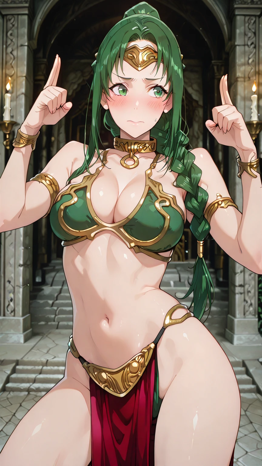 masterpiece，1 girl, big bust，((20 years)), ((pretty Woman)), ((green hair)), ((short hair)), ((tie hair)), ((black masked)), ((Wear skinny thongs)), ((bulge)), ((micro ??????)), ((Detailed abdomen)), ((woman exercising body)), ((dynamic poses)), #interpretation:  A beautiful girl with short tied 绿头发, She has ?????? pasties and a tight ?????，??? life，???????????，Open abdomen，?????? ?????????，sit on it，bath，???，???，pov  ????，??? in ?????，shot on the body，The white liquid is drizzled all over the body