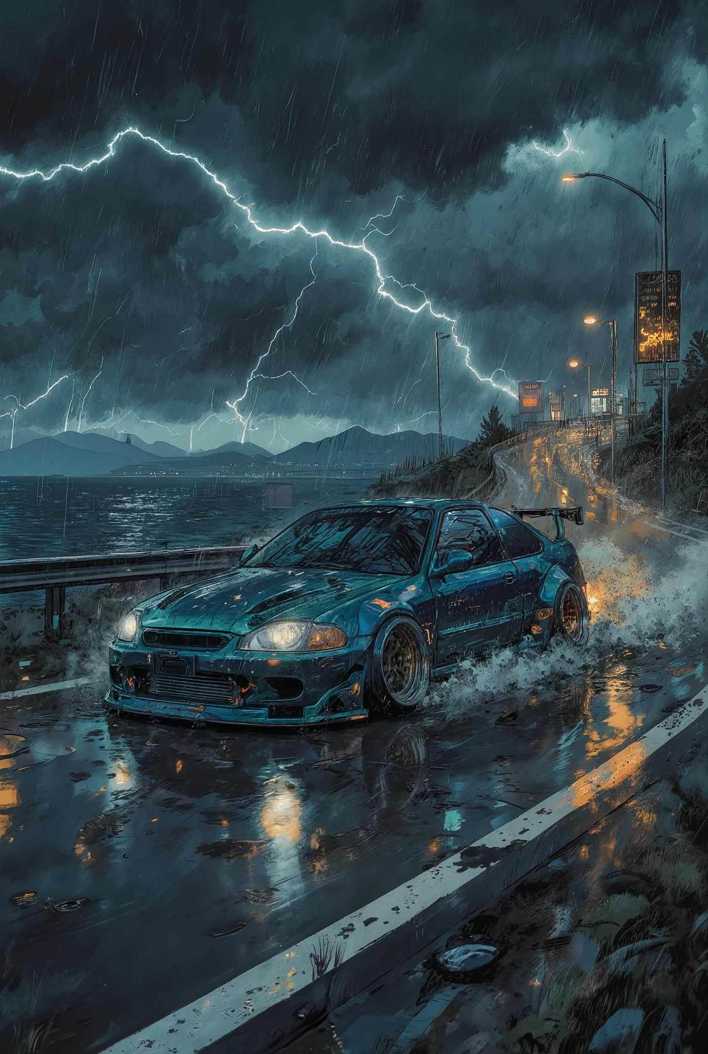 heavy rain, night, tuned 1998 Honda civic coupe, low suspension, sparkling, in color: RAL 6004
Blue-green dark metallic, heavy, wheels turned outwards, tires wide, tinted windows, dynamic, in the middle of traffic, racing at maximum speed along a winding high-speed highway in the pouring rain,on a sharp bend, on the verge of an accident due to rain, clouds of smoke from under the wheels, footprints on wet asphalt, curved wildly spinning wheels, wide tires, fiery discs, powerful headlights pierce torrents of rain, heavy downpour, lightning flashes, reflection of lights on wet asphalt, sea on one side of the road, mountains on the other, night sky, low blue clouds, clouds, continuous oblique streams of rain from the sky. sky, modern metropolis far away on the horizon, reflections in the night sky from city lights, glass, concrete skyscrapers, neon advertising, street racing atmosphere, danger, anxiety, power, speed, blur effect, linear angular perspective, color perspective, tonal perspective, bottom shot, animated digital art with high detail,