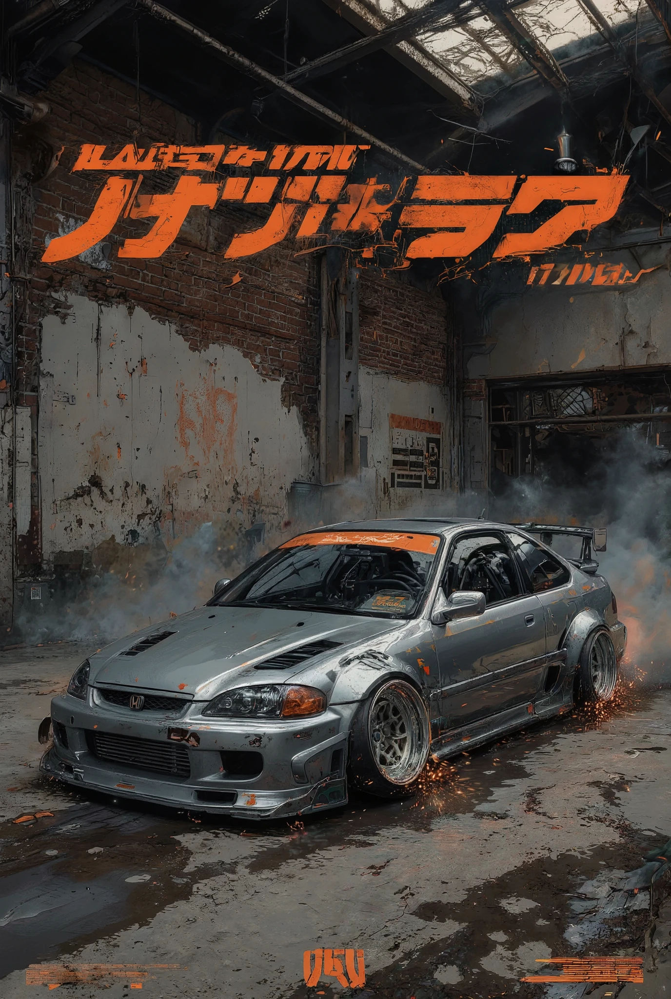 A poster with the inscription "Drive your dream, not just a car!", a 1998 Honda Civic VI coupe in silver color with low suspension on spark twin wheels. Dynamic drift against the background of an old brick hangar, old plaster, rough concrete, cracks, chips, clouds of dust and smoke, wet concrete floor, atmosphere of contrast between the fading of a shining car and the old broken infrastructure, super realistic digital art, studio light, unusual camera angle, image below eye level, excellent overview,elements of surrealism and cyber-futurism, high resolution, hyperrealism, high detail,p, conceptual art, futurism, hyperrealism, glitter, reflected light,high resolution, hyperrealism, high detail,