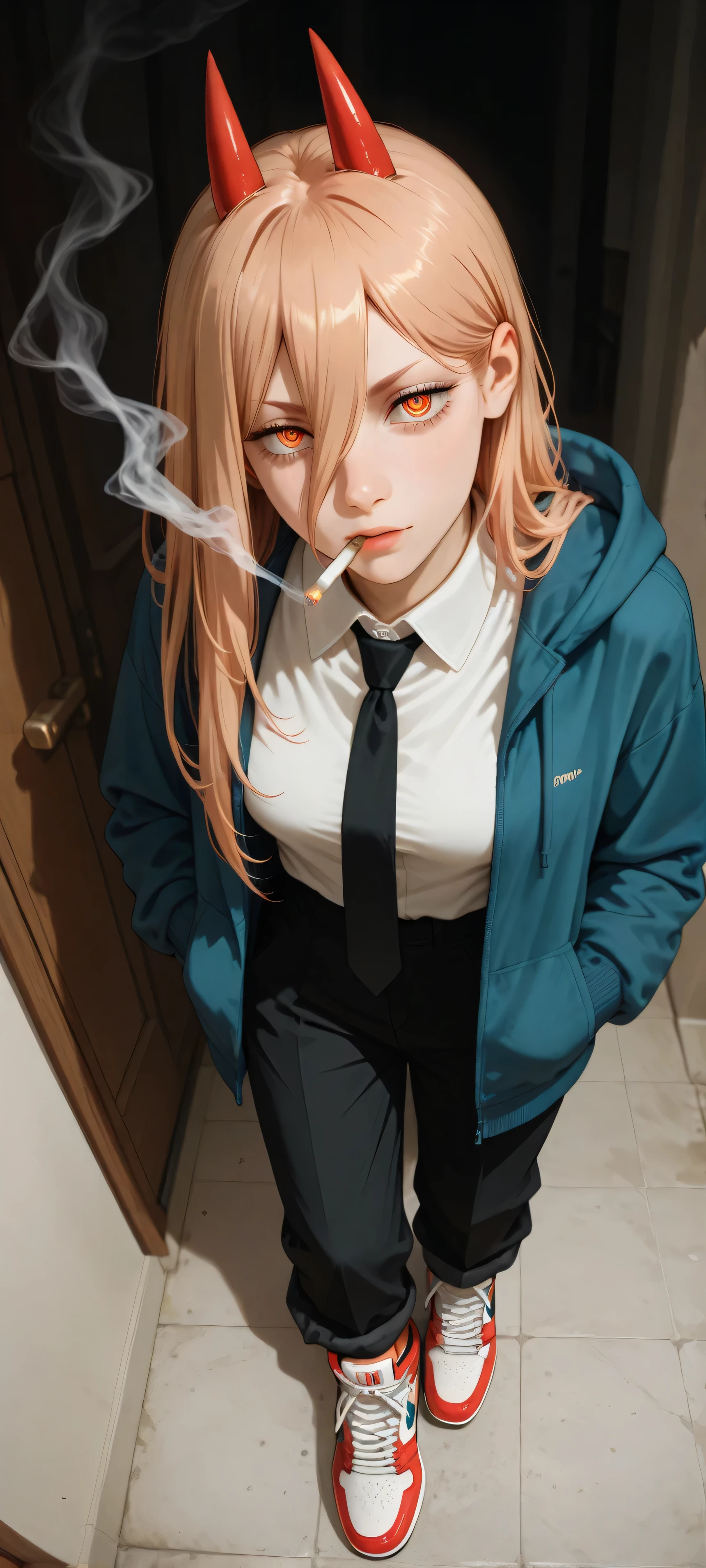 overhead shot: power (chainsaw man), focus on face, zoom face, she is beautiful, full body shot, she is wearing a white collared shirt and a black tie, she is wearing an open blue hoodie, blue jacket, she is wearing long trousers (rolled below the knees), she is wearing white air jordan shoes, she is smoking, there is cigarette smoke, she is enjoying the cigarette, her eyes are droopy, her face is red, the background of the room is black.