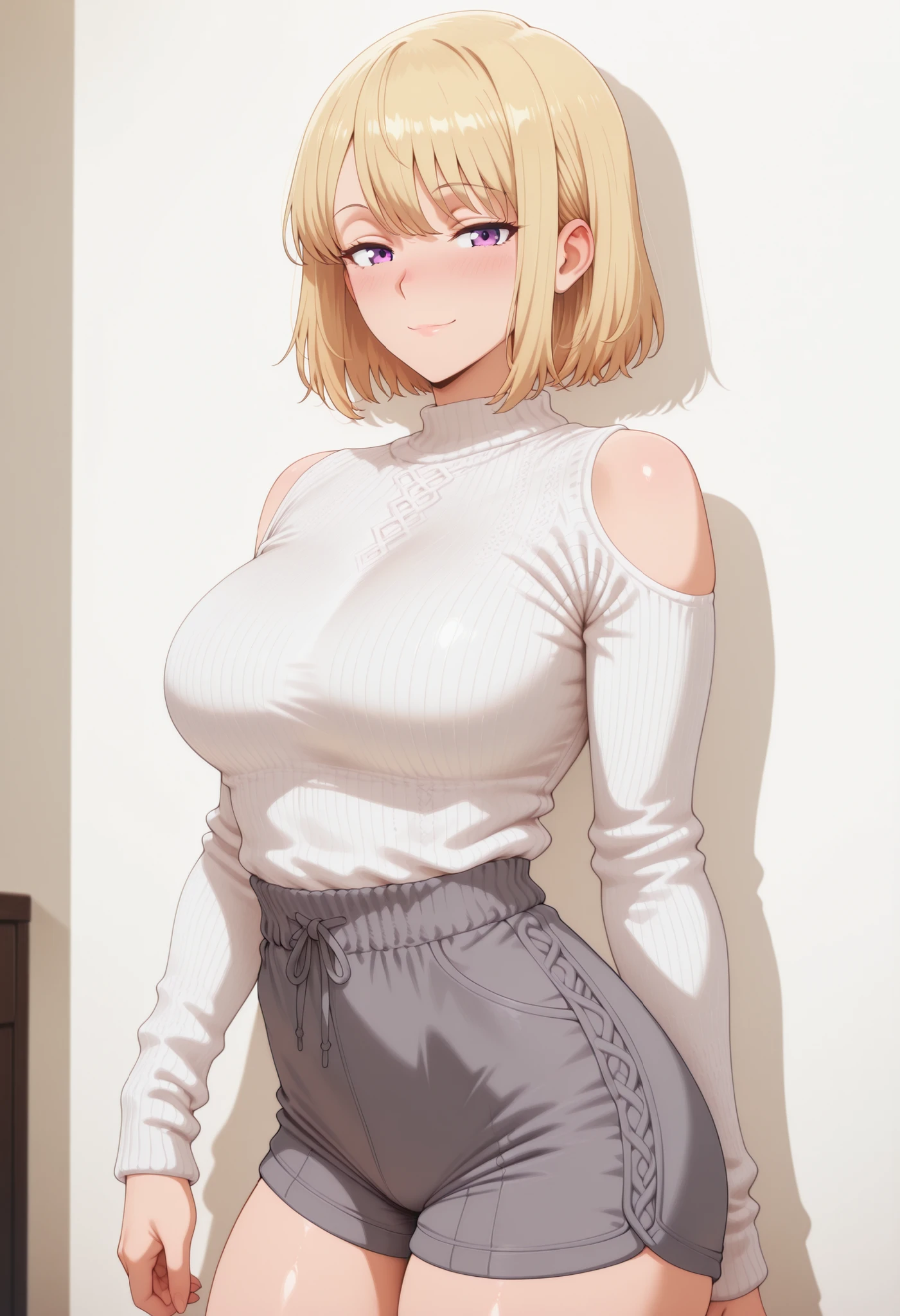 masterpiece, best quality, amazing quality, 1girl, solo, looking at viewer, blushing,, mature girl,side view, light smile, seductive, short hair, blonde hair, purple eyes, , ,bubble breasts, seductive twist, exaggerated voluptuous figure with impossibly large and prominent chest, dramatically slim waist, curvaceous hips, silky smooth skin with a mystical amethyst glow,, hips steady and slightly pushed forward, back straight to focus entirely on the chest and lace details), ultra-sensual face with a bold, confident, and mischievous smirk, highly detailed, 4k ultra quality, anime ecchi style,, vibrant and rich colors, hyper-sensual and irresistibly enchanting mood, shizuku kousaka (na honjaman level up), Anime screencap,solo focus, looking at viewer, shiny skin, shiny hair, shiny body, clear body, nose blush,, POSING,, DYNAMIC POSE,,, NICE LEGS, COWBOY SHOT, ,, TIGHT CLOTHES, covered breasts, , , thick thighs , soft glossy skin , detailed shading , soft light , realistic anime style , ultra-detailed , 8k , masterpiece , highly detailed ,, , VIEW FROM FRONT , , ,, hourglass figure , large bust and wide hips ,, , OPAQUE CLOTHES , covered breasts , ,,white background, empty background,
,,.
,,, DYNAMIC POSE,, covered breasts,,, white sweater, grey shorts, shoulder cutouts,white sweater, grey shorts, shoulder cutouts,,white sweater, grey shorts, shoulder cutouts,,white sweater, grey shorts, shoulder cutouts,