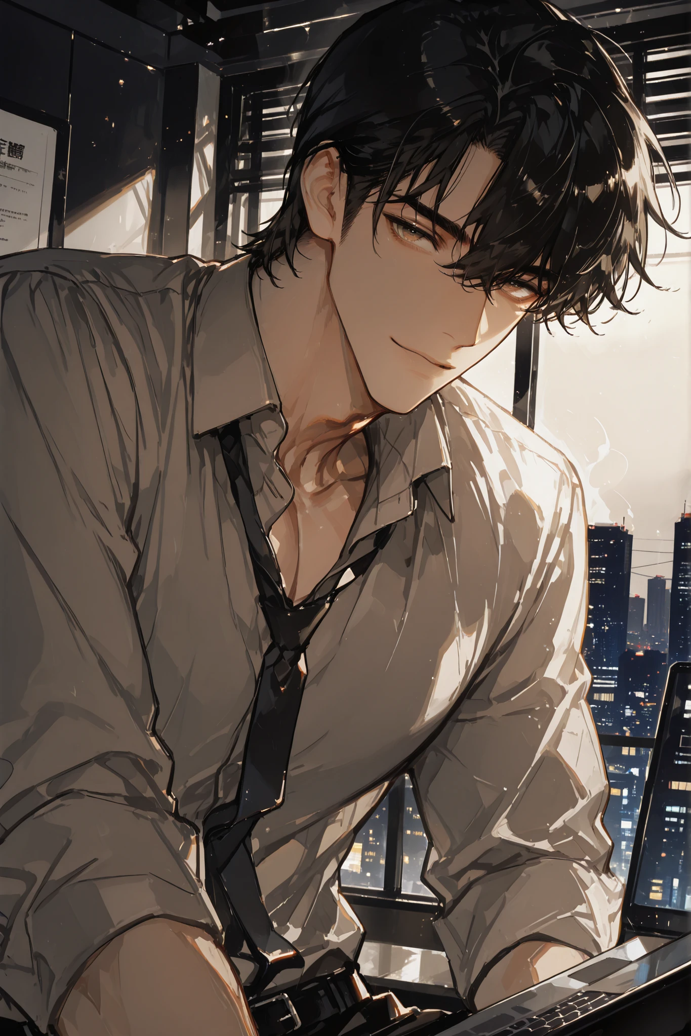 Masterpiece, best quality, high resolution, detailed illustration. Handsome man, around 30 years old, short black hair styled neatly with a natural side flow, not fully slicked back. Wearing a stylish dark business suit with a tie, professional and well-fitted. Standing confidently in a modern office at night, holding a laptop casually in one hand. Slender but well-toned masculine body. He is looking directly at the viewer with a composed, confident gaze, his lips curved into a slight smile that shows calmness and charisma. Strong male presence, cool and elegant aura. Bright interior office lighting with large windows showing the illuminated city skyline at night. Dynamic angle, close-up upper body view.