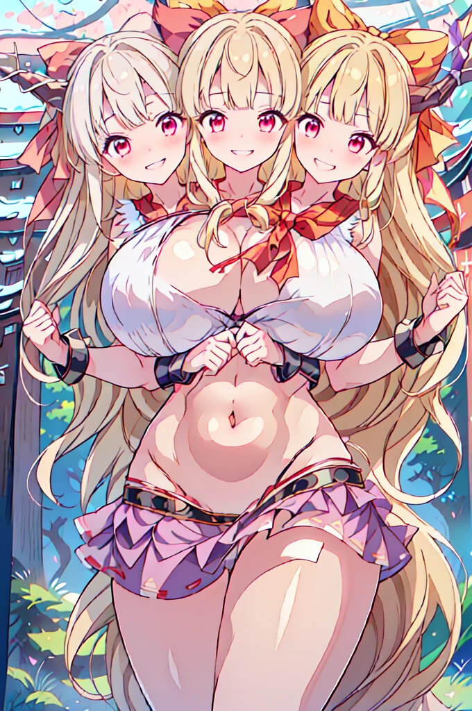 (masterpiece, best quality), best quality, (ultra-detailed), (3heads:1.5), 1girl, (rumia:1.3), masterpiece, best quality, ultra quality, ultra resolution, ultra detail, black top, crop top, ((stomach)), midriff, ((groin)), black skirt, normal ears, , blonde hair, very long hair, wavy hair, short hair, red eyes, parted lips, cowboy shot, open belly, sweat, cute, toned belly, hand on own , eyelashes, (23 year old woman:1.3), (masterpiece:1.5), (best quality:1.5), (beautiful detailed), extremely detailed CG, extremely delicate and beautiful, depth of field, (finely detailed face), (perfect details:1.2), (mature female:1.3), wide pelvis, slender, large veiny , 16k resolution, highres, very high quality, very high definition, extremely detailed, masterpiece, blonde hair, long hair, alluring presence, braid, short skirt, close up, very big , huge , young, hair ribbon, red ribbon,
