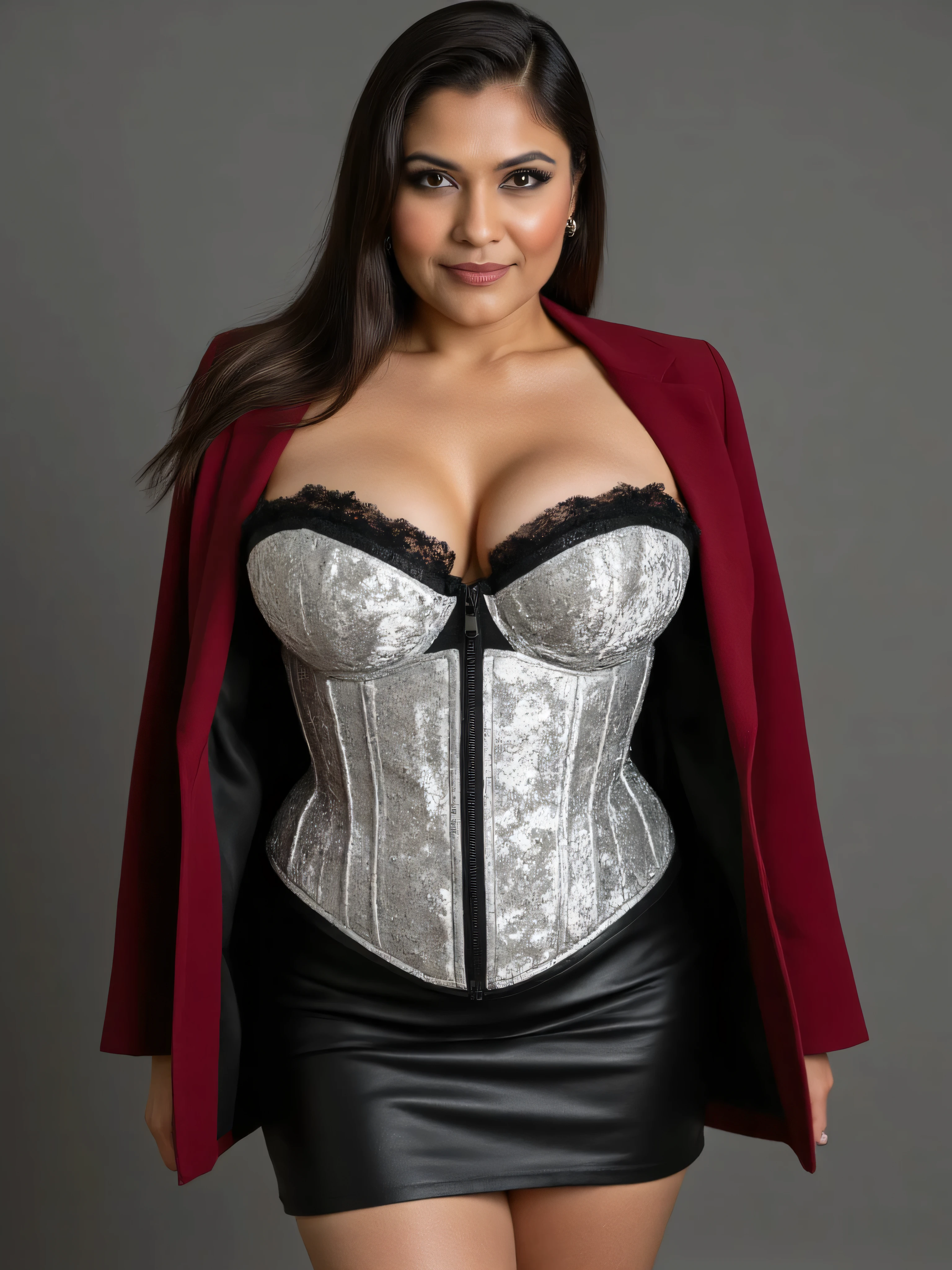 A realistic, high resolution photograph of a beautiful Indian woman in her 60's; full body frontal view facing the camera with her arms at her sides looking at the camera. There is extra space in the photo above her head. She has an hourglass, fashion model figure with large rounded, uplifted breasts, large hips, and a slim waist. She has long straight black hair with a side part. She has a perfect, beautiful face, a small nose and a short, thick neck. She has black eyes and a beige complexion. Her lips are slightly open and she has a amusing smirk. She is wearing a sliver strapless crushed velvet corset with black lace trim and a zipper down the front, an open dark red woman's blazer, and a black leather miniskirt. The rounds of her breasts are well defined beneath her clothing and you can see some cleavage. There is no one else in the photo. There is extra space above the subject’s head and centered composition — suitable for magazine-style layout or cinematic framing.