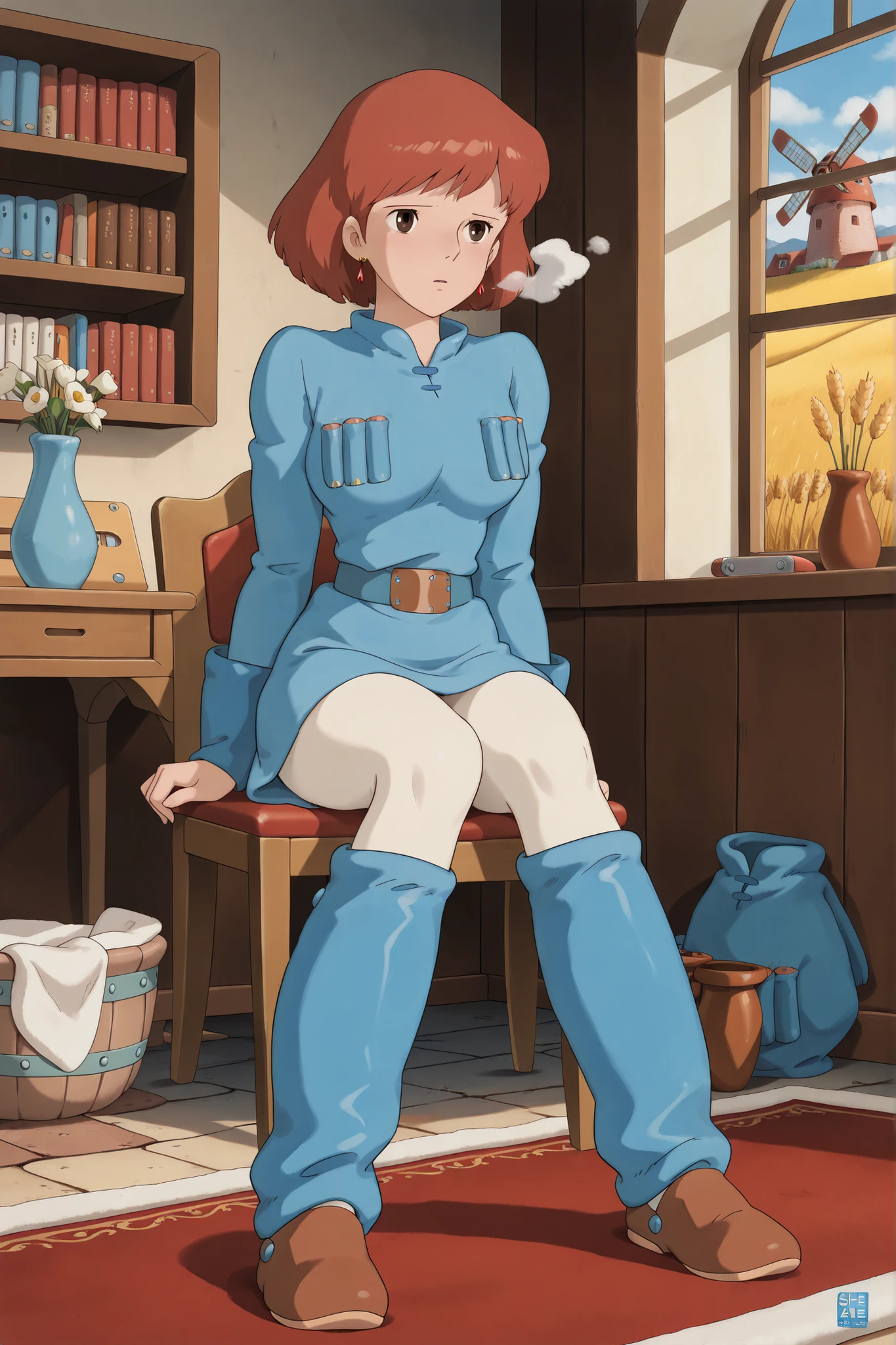 white tights,,Nausicaa,1girl,brown hair,medium hair,brown eyes, breasts,, (Masterpiece, top quality, 8k, High quality anime, detailed and accurate anime poster, Studio Ghibli style, High sense Art ), adorable face, very kind face, Sitting in front of dresser, combing hair in her private room, desk, bookshelf, flower in a vase, large bay window, Exotic atmosphere, relax pose, Quilted lap blanket, hot breath close to the face, on rainy day, depressed mood, orange hair, short hair, ((elegant short bob cut)), dark brown eyes, beautiful clear eyes, Red Gemstone Earrings, beautiful breasts, beautiful legs, perfect body balance, perfect beauty, slender body, beautiful eyes, (she is looking at out of the window), Valley of the Wind Scenery, Beautiful scenery in the valley, Cturch, windmill, Wheat field, Cobblestone load, winery, Castle terrace, Silk Sheets, 1girl, ((very cool Nausicaa)), ((Nausicaa is very elegant)), Ivory color tights, blue dress,chest bullet holder,long_sleeves, belt, blue leg warmer, felt shoes, beautiful floor rug,