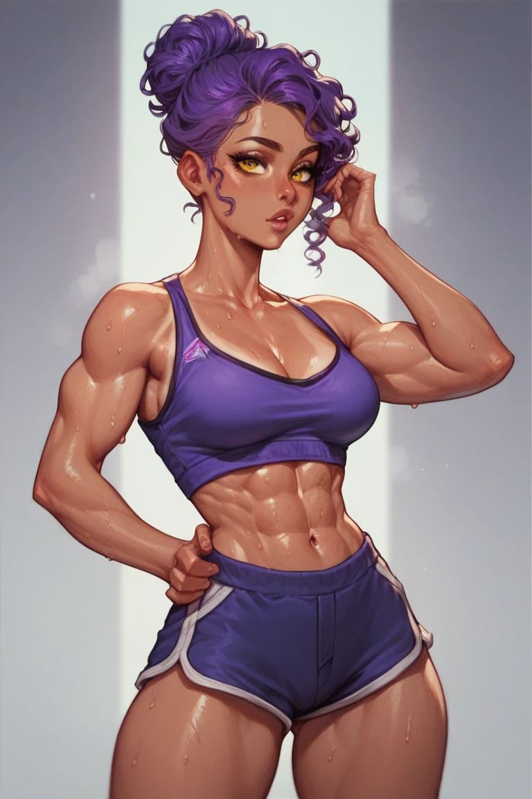 woman, (dark skin:1.4), (perfect face), defined jawline, beautiful dark purple lips, (beautiful bright pink eyes), (purple twin hair buns:1.2), (, thick:1.2), (:1.2), (black sports bra:1.2), (sweatpants), (standing, hand on waist, flexing biceps), (looking at viewer), (medium shot photograph), (gym background), realistic