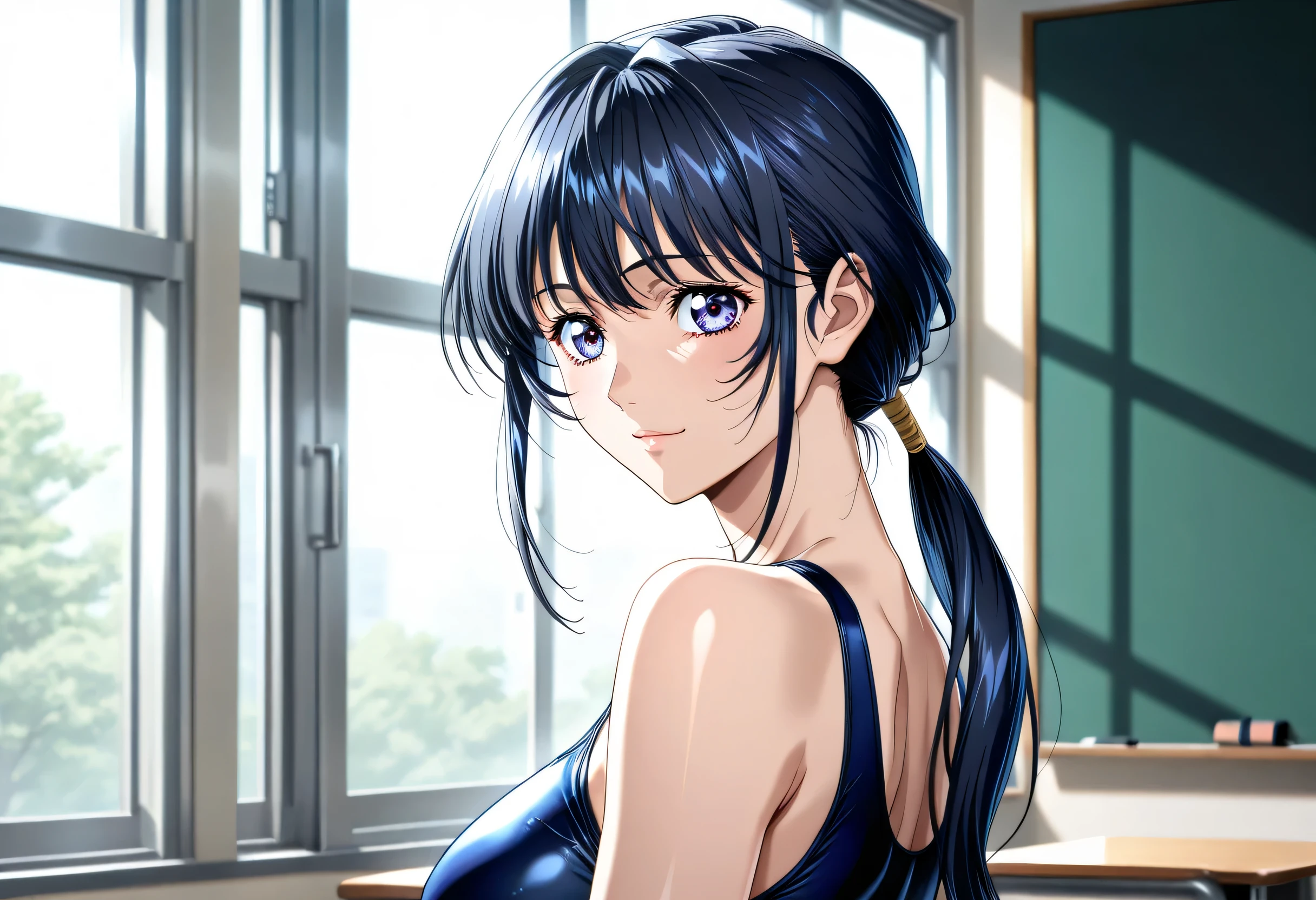 (Yokota Mamoru style),(portrait :1.4),group golden ratio, portrait looking at the viewer in a seXy {X}, Upper body angle, Beautiful Japanese Woman, from side:1.05, female student, solo, I'm pulling my My hair up, 超高品質illustration, 8k, ブラウンMy hair, low ponytail, My hair, 前My hairを長く掛けて :2.0, illustration, face, real light , Slender body:1.5, thin waist:1.5, Human Anatomically Accurate Ratio, Tiny Head, Flat-breasted:2.0, detailed depiction of skin, erotic, AnXious face, dark blue school swimsuit:1221, In a bright classroom where outside light shines in, Light hits her face, an erotic epic poem of her,