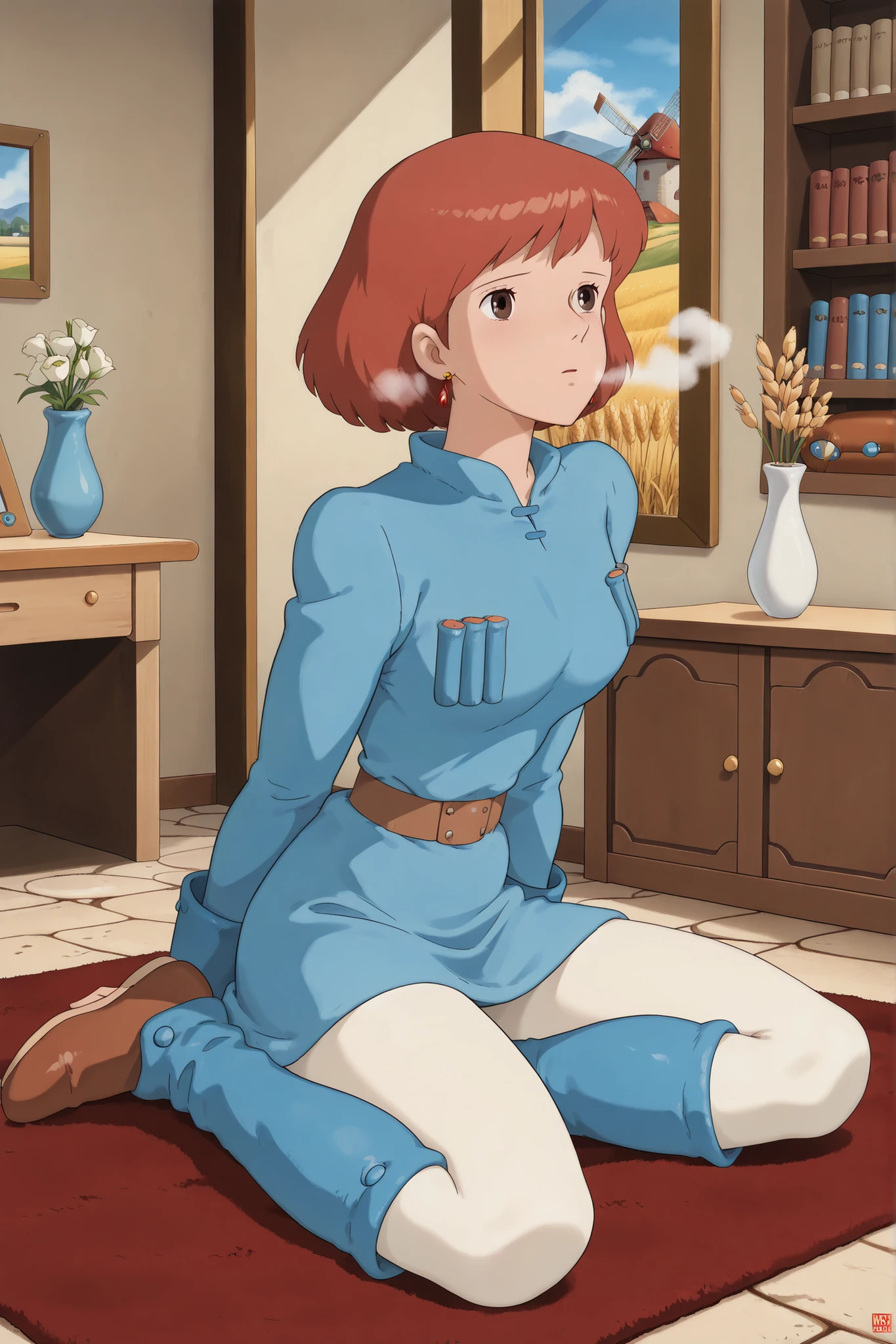 white tights,,Nausicaa,1girl,brown hair,medium hair,brown eyes, breasts,, (Masterpiece, top quality, 8k, High quality anime, detailed and accurate anime poster, Studio Ghibli style, High sense Art ), adorable face, very kind face, Sitting in front of dresser, combing hair in her private room, desk, bookshelf, flower in a vase, large bay window, Exotic atmosphere, relax pose, Quilted lap blanket, hot breath close to the face, on rainy day, depressed mood, orange hair, short hair, ((elegant short bob cut)), dark brown eyes, beautiful clear eyes, Red Gemstone Earrings, beautiful breasts, beautiful legs, perfect body balance, perfect beauty, slender body, beautiful eyes, (she is looking at mirror), Valley of the Wind Scenery, Beautiful scenery in the valley, Cturch, windmill, Wheat field, Cobblestone load, winery, Castle terrace, Silk Sheets, 1girl, ((very cool Nausicaa)), ((Nausicaa is very elegant)), Ivory color tights, blue dress,chest bullet holder,long_sleeves, belt, blue leg warmer, felt shoes,  beautiful floor rug, 