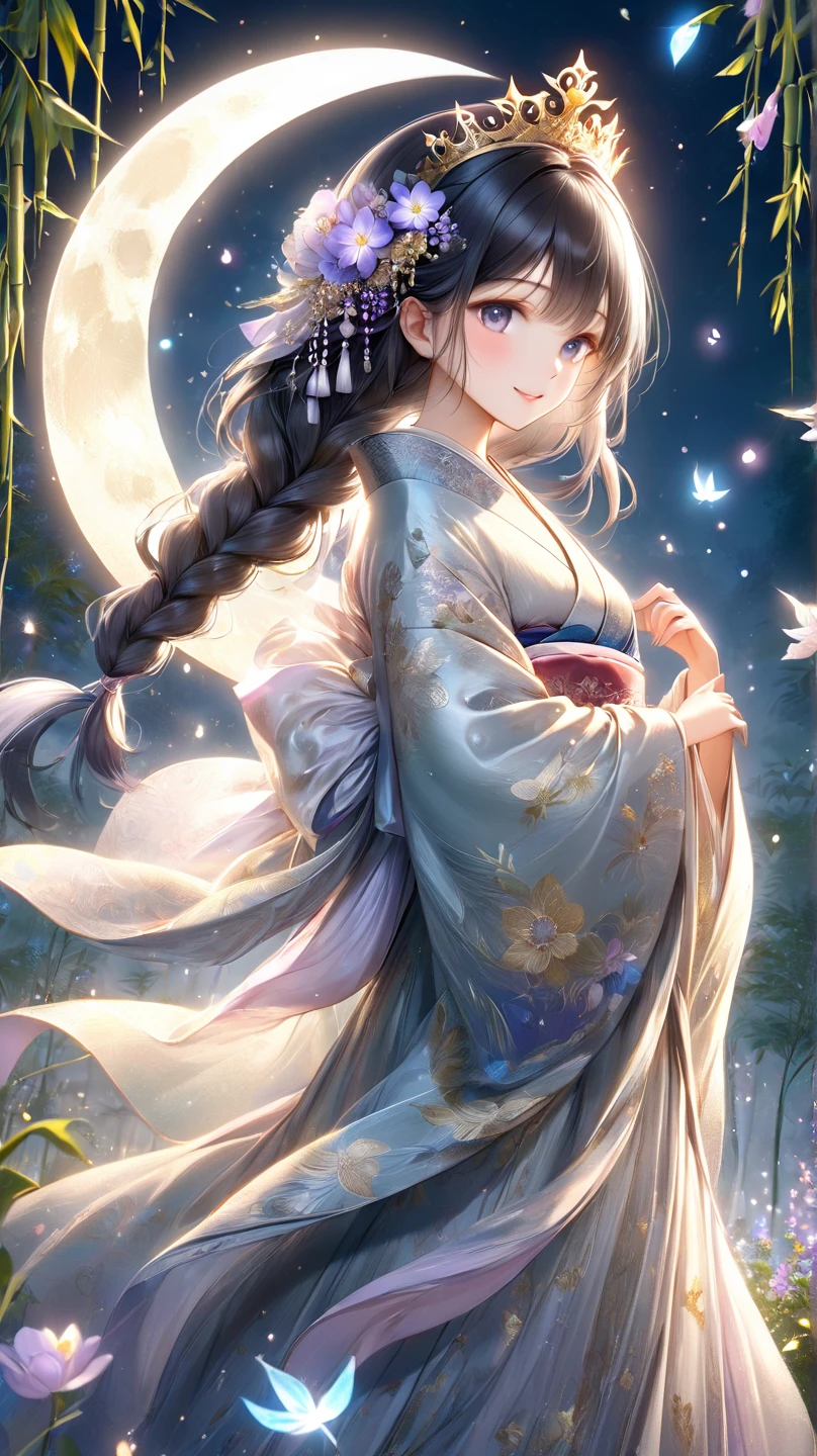 (best quality,ultra-detailed:1.2),ultra detailed face,ultra detailed hair,long eyelashes,glowing blue eyes,glowing lips,black and white and blue kimono,katana,cute pose,camping at night,standing pose,powerful instance,looking to the Sky,dark black hair,slender body,pale skin,peaceful expression,soft wind blowing,starlit night sky,subtle moonlight,tall grass,fireflies dancing in the air,tranquil atmosphere,serene ambiance,mysterious aura,deep feeling of tranquility,silhouette against the night sky,reflections on the water,ethereal charm,majestic presence,calming presence,mesmerizing beauty,graceful movements,dreamlike setting,whispers of nature,faint rustling of leaves,magical surroundings,unforgettable memories,radiating inner peace,vibrant colors,harmonious composition,intricate details,emotional depth,meticulous brushwork,sublime artistry,captivating realism,visual storytelling,immersive experience,unparalleled craftsmanship,lucid dreamscape