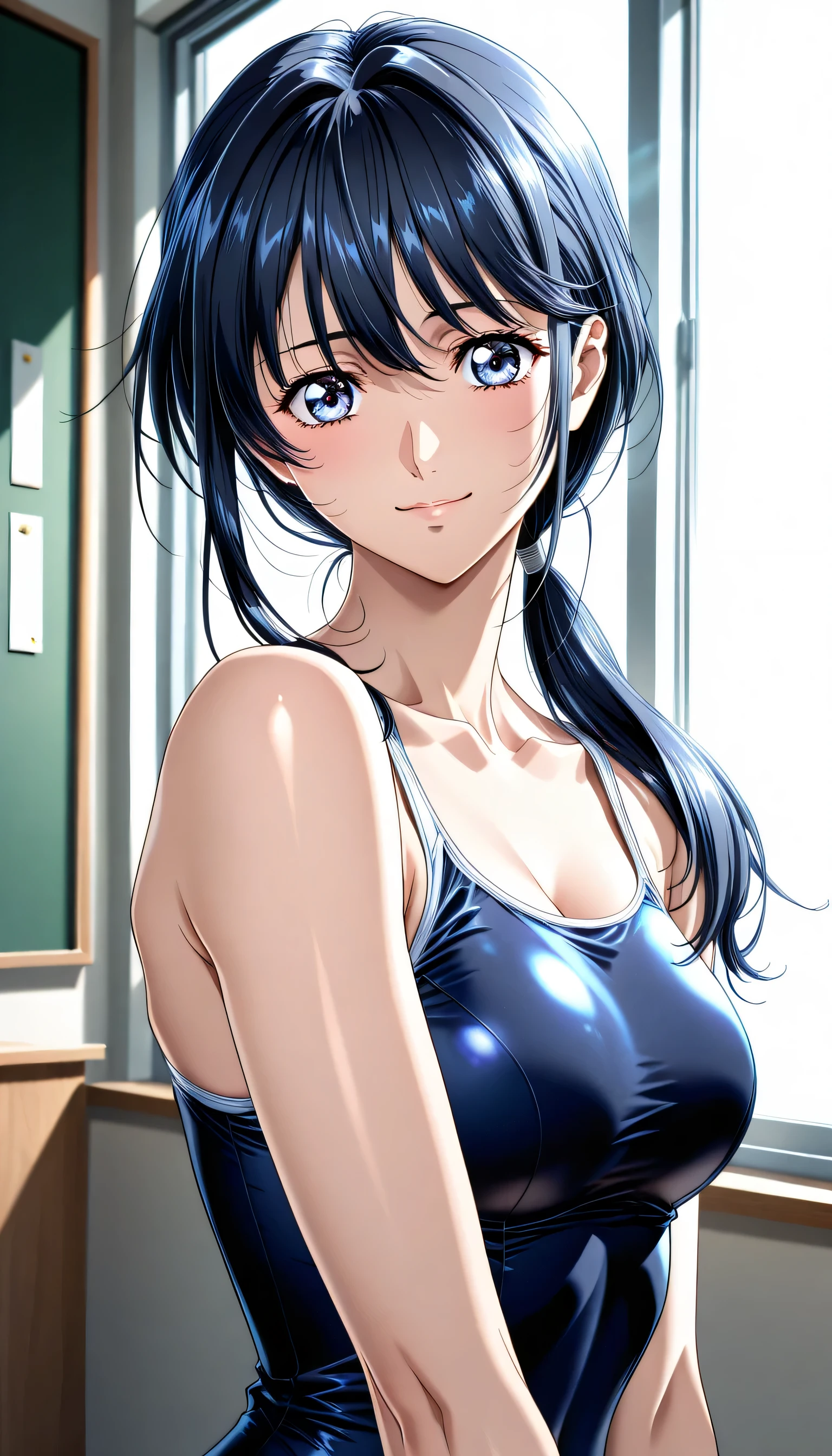 (Yokota Mamoru style),(portrait :1.4),group golden ratio, portrait looking at the viewer in a seXy {X}, Upper body angle, Beautiful Japanese Woman, from side:1.05, female student, solo, I'm pulling my My hair up, 超高品質illustration, 8k, ブラウンMy hair, low ponytail, My hair, 前My hairを長く掛けて :2.0, illustration, face, real light , Slender body:1.5, thin waist:1.5, Human Anatomically Accurate Ratio, Tiny Head, Flat-breasted:2.0, detailed depiction of skin, erotic, AnXious face, dark blue school swimsuit:1221, In a bright classroom where outside light shines in, Light hits her face, an erotic epic poem of her,
