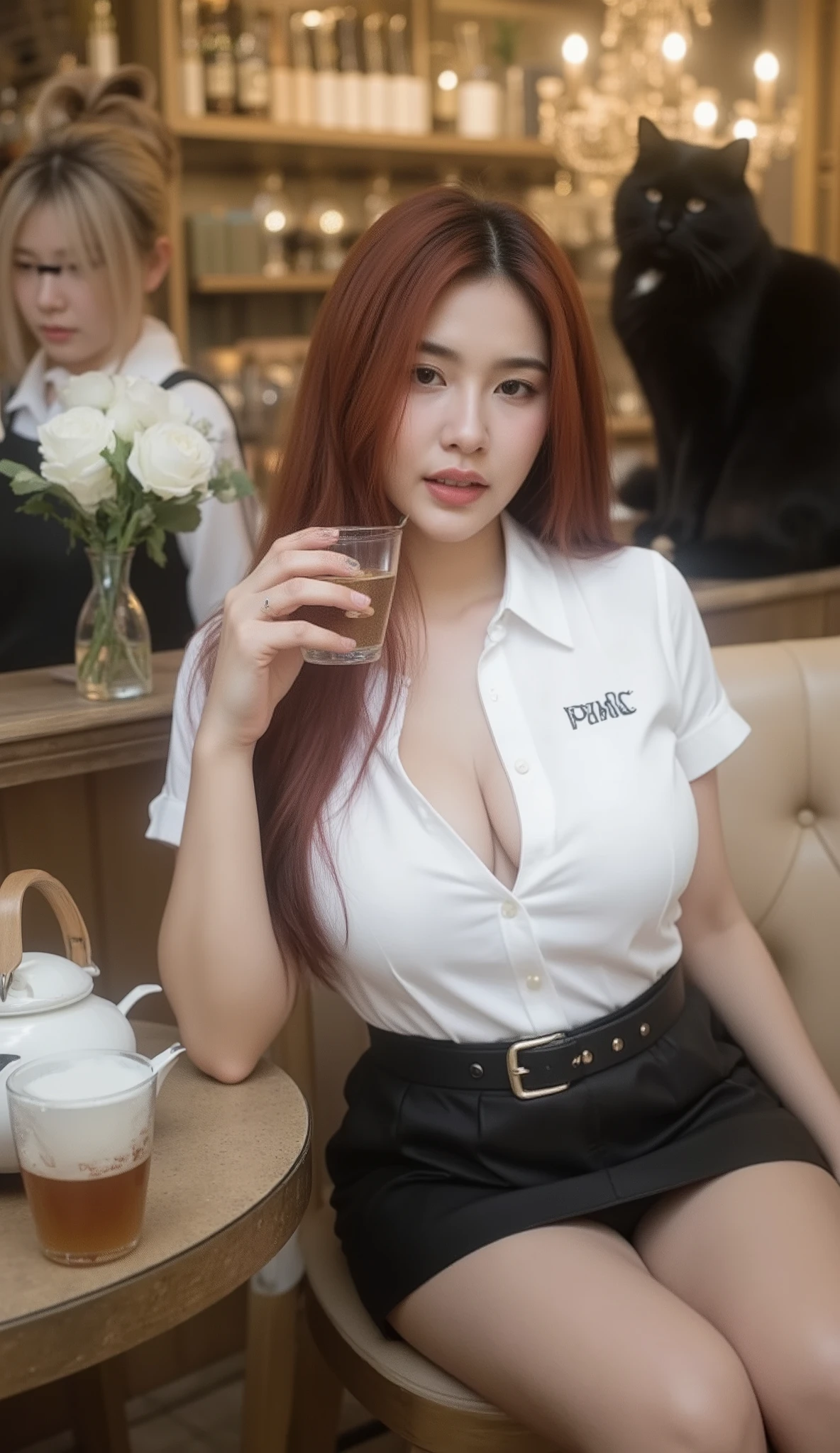 A portrait image shows a beautiful female student sitting in a luxurious, French-style cafe in Paris.
She is Korean-Thai. She has a long, fluffy haircut that shows off her narrow forehead. She has a voluptuous figure. She is chubby-sexy. She has a cherry-red hair colour. She wears a Thai Mahalai uniform: a light-white short-sleeved collared shirt with silver buttons, with a big 'PwC' logo on chest, a black LV leather belt, and a short black pencil skirt that highlights her curvy figure and ample bust. She holds a cup of tea in her hand. Another luxurious teapot is on the sophisticated table. She seductively smiles at the camera. She opens her legs widely, showing off her white underwear.
The backdrop is a blurred French blonde-haired barista at the counter. There is also a big black cat on the counter. A very gorgeous chandelier is on the ceiling. High-quality professional photography, 8K quality.