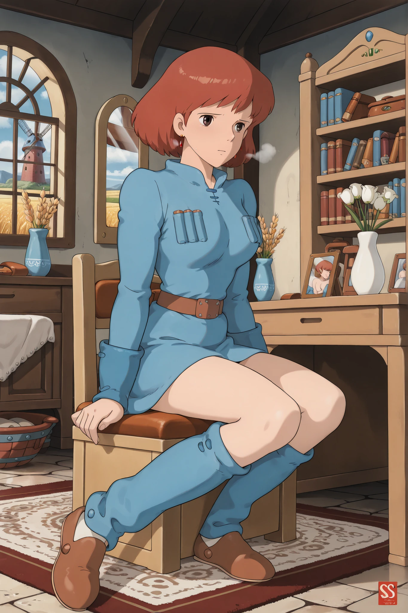 white tights,,Nausicaa,1girl,brown hair,medium hair,brown eyes, breasts,, (Masterpiece, top quality, 8k, High quality anime, detailed and accurate anime poster, Studio Ghibli style, High sense Art ), adorable face, very kind face, Sitting in front of dresser, combing hair in her private room, desk, bookshelf, dresser, large size mirror, flower in a vase, large bay window, Exotic atmosphere, relax pose, Quilted lap blanket, hot breath close to the face, on rainy day, depressed mood, orange hair, short hair, ((elegant short bob cut)), dark brown eyes, beautiful clear eyes, Red Gemstone Earrings, beautiful breasts, beautiful legs, perfect body balance, perfect beauty, slender body, beautiful eyes, (she is looking at mirror), Valley of the Wind Scenery, Beautiful scenery in the valley, Cturch, windmill, Wheat field, Cobblestone load, winery, Castle terrace, Silk Sheets, 1girl, ((very cool Nausicaa)), ((Nausicaa is very elegant)), Ivory color tights, blue dress,chest bullet holder,long_sleeves, belt, blue leg warmer, felt shoes, beautiful floor rug,