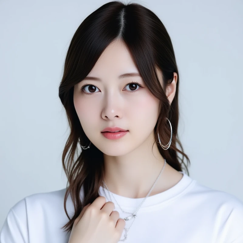 ((top-quality))、(​masterpiece:1.4)、Raw photography、8K、((Top image quality))、 ((hight resolution)),Beautiful face in every detail、Realistic human skin、Gentle expression、(One lady:1.3 )、realisitic、Photoreal sit extra ((medium hair:1.2))、(Cute hairstyle)、(Beautuful Women)、(She looks like a cute Japanese girl:1.3)、(mannish)、((Pretty Woman))、(Beautiful hair)、((dark brown hair))、(((Red cheeks)))、(Her eyes are big:1.3)、20-year-old beauty、(her face is small:1.3 )、small head、((long neck))、pale skin、Spot-free skin、With bangs、Everyone longs for、japanese beautiful woman、((eight heads high))、(a necklace)、(music festival:1.4)、((Outdoor stage))、singers、(Concert T-shirt)、smil、(Oversized clothes:1.3)、Happy look、(On stage:1.3)、((Stand Microphone))、wristbands、A bracelet、((young woman admires her))、Charismatic model、she has many fans、rock band、(I can see the sky)