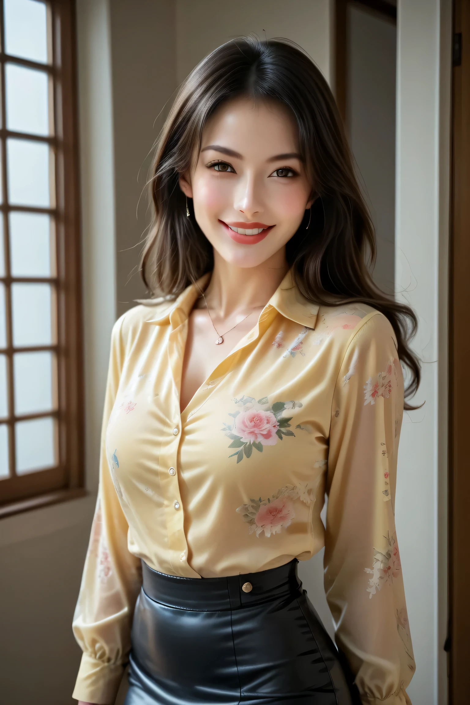 score_9, score_8_up, score_7_up, 1girl, Japanese woman, early 40s, cowboy shot, beautiful face, confident pose,
floral yellow silk blouse, tight black mini skirt, refined silhouette,
intelligent smile, full lips, soft wavy black hair, porcelain skin,
minimalist gallery background, soft dramatic lighting, direct gaze, sensual & intellectual
