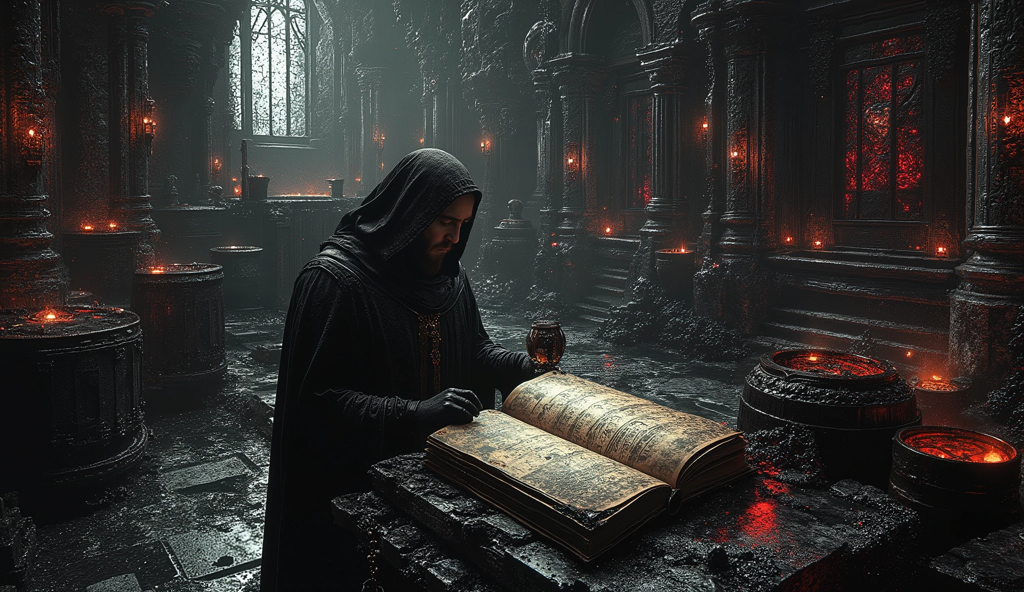 High-resolution image of an ancient brewery installed deep in an evil Gothic abbey. The environment is a catacomb converted into a beer tavern, with pointed arches and columns adorned with gargoyles. Scattered around the place , oxidized copper fermenters with engraved runes sparkle with greenish reflections and dark wooden barrels with rusty metal rims are organized in ritualistic formation. A black and viscous liquid, similar to live tar, flows down the stone walls, through the fermenters and barrels, forming pools on the floor that seem to move subtly. The only lighting comes from dozens of black and red candles in twisted iron chandeliers, creating an oppressive atmosphere. Candle wax melts continuously, in patterns that resemble hidden symbols. No centro da imagem, a human-looking monk with a serious and determined expression, wearing a black hooded habit that frames his face, is leaning over an enormous ancient volume opened on a stone altar. His face shows striking features, with penetrating and concentrated eyes, well-trimmed beard and an expression of dark fascination. The book displays prohibited brewing formulas written in red ink and demonic symbols. The monk examines the contents carefully while holding a glass jar containing the same viscous black liquid that permeates the environment
