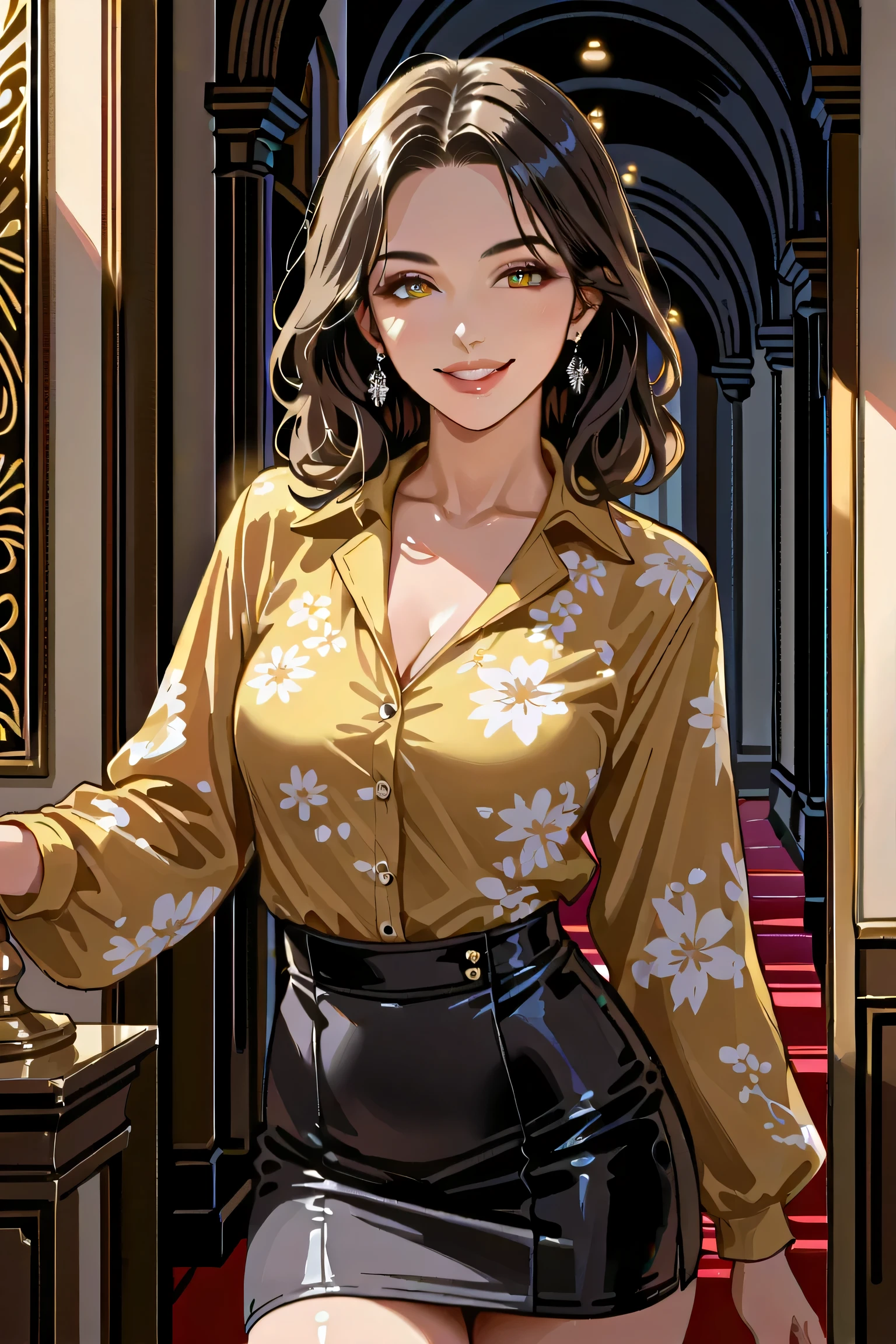 score_9, score_8_up, score_7_up, 1girl, Japanese woman, early 40s, cowboy shot, beautiful face, confident pose,
floral yellow silk blouse, tight black mini skirt, refined silhouette,
intelligent smile, full lips, soft wavy black hair, porcelain skin,
minimalist gallery background, soft dramatic lighting, direct gaze, sensual & intellectual