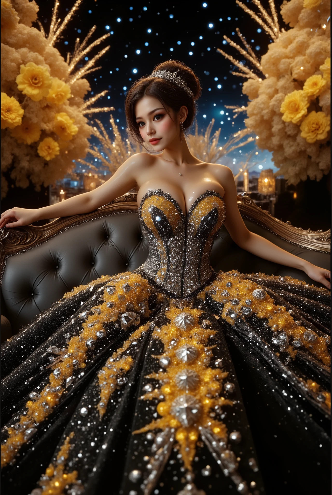 A high-resolution, detailed 3D rendering style. A young woman with big bobs, douyin-style makeup, adorned in a lavish gown, strapless dress, is seated against the backdrop of an elegant, tufted sofa. Her gown is striking, with a shimmering bodice adorned with silver trim leading to a voluminous skirt. The skirt features a stunning celestial design, reminiscent of the night sky, peppered with luminous stars and swirling patterns of light—a palette dominated by deep blue hues and warm golden yellow accents. Her hair is elegantly styled and she wears a shimmering tiara, completing her regal look. The atmosphere is one of fantasy and enchantment, enhanced by the ornate decorations surrounding her and the light silhouette of the cosmic sky overhead. Rich in texture and vibrant color, the scene presents a blend of fashion ingenuity and artistic flair, enveloping the viewer in a dreamlike atmosphere. masterpiece,high r,8k,ultra-detailed,photorealistic