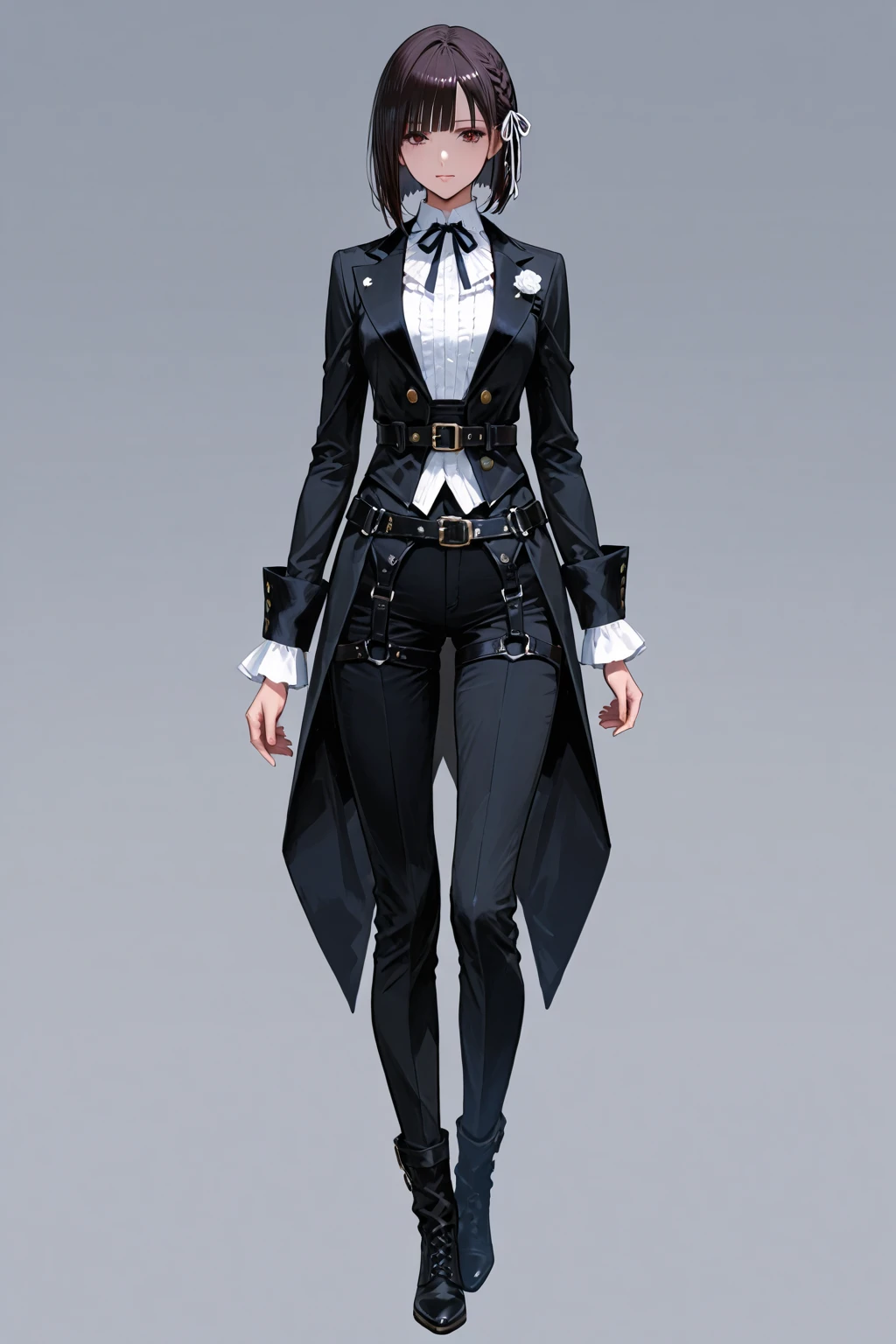 (fullbody:1.2),8k, best quality, (masterpiece:1.2), ultra-detailed, 8k uhd, high quality, best quality, character modelling,genshin_impact, arlecchino_(genshin_impact), commentary, highres, 1girl, alternate_costume, belt black_belt, black_eyes, black_gloves, black_hair, black_jacket, black_pants, black_sweater, gloves, jacket, looking_at_viewer, mouth_hold, multicolored_hair, pants, ribbed_sweater, short_hair, solo, standing, streaked_hair, sweater, turtleneck, turtleneck_sweater, white_hair