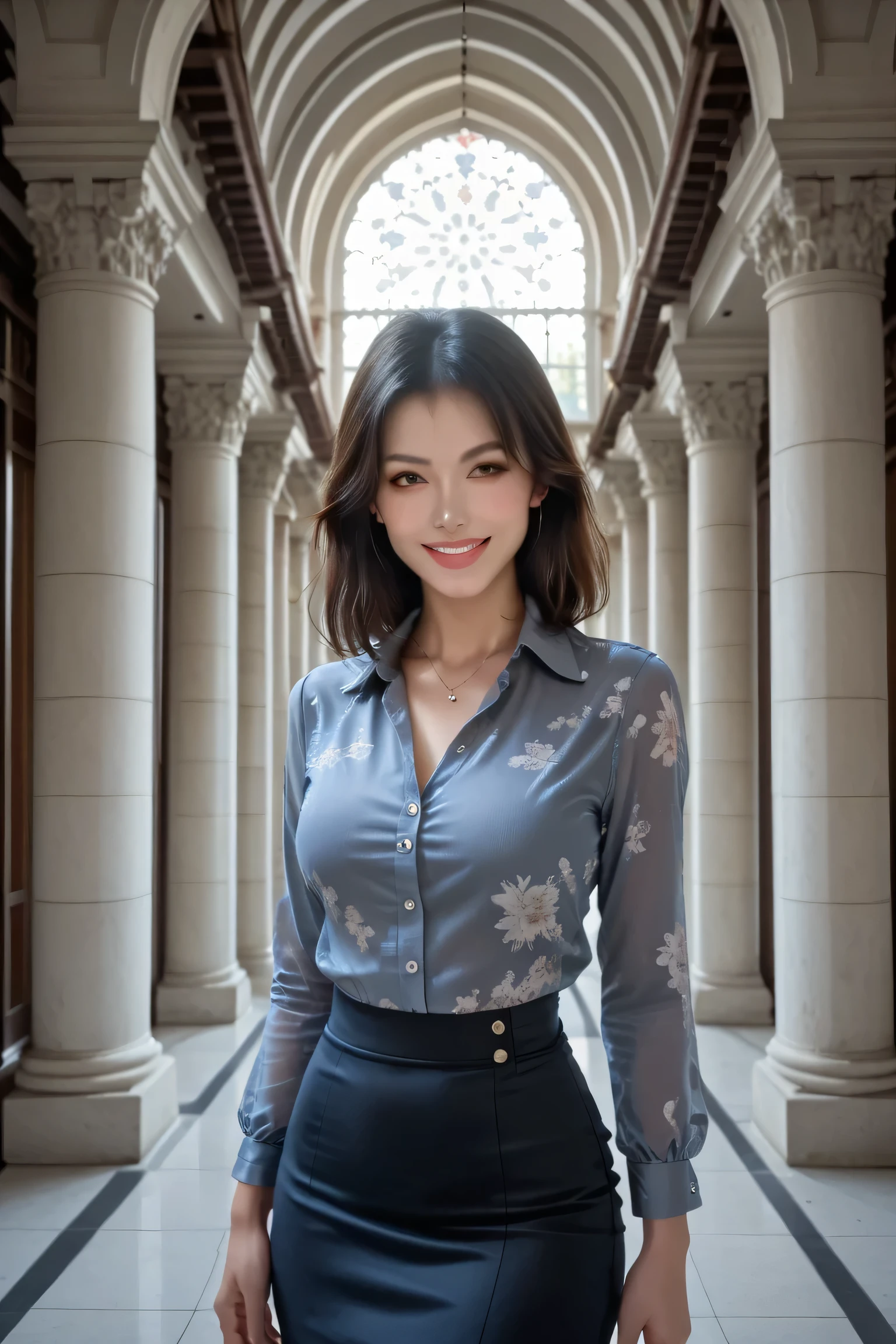 score_9, score_8_up, score_7_up, 1girl, Japanese woman, early 40s, cowboy shot, beautiful face, confident pose,
floral blue silk blouse, tight black mini skirt, refined silhouette,
intelligent smile, full lips, soft wavy black hair, porcelain skin,
minimalist gallery background, soft dramatic lighting, direct gaze, sensual & intellectual