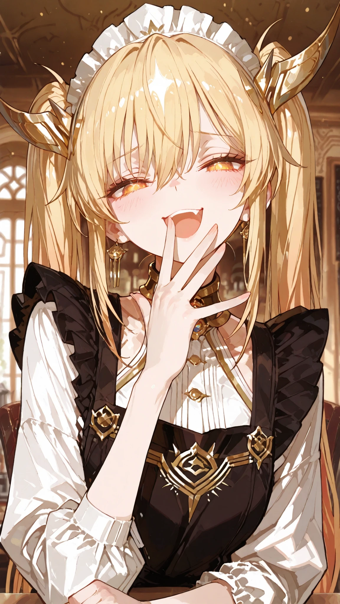 ojou-sama pose, laughing, smug, hand to own mouth, open mouth,,battlemage_neopresencia,In the softly lit modern maid café. Full-body portrait! Character in full view! A radiant blonde girl beams brightly, clad in a simple maid outfit (white blouse, black apron, twin ponytails). Full-body shot, currently at work, small apron, red-gold high heels paired with black stockings trimmed in gold), bending down to interact with the kitten customer seated before her, her gaze tender yet playful. The blurred background reveals other patrons and exquisite desserts..********748cmstyle… Premium quality, masterpiece, original photograph, ultra-high resolution, supreme quality, exceptional detail, 8K visual fidelity, ultimate craftsmanship, detailed description, symmetrical eyes, exquisitely rendered face, meticulously crafted CG.