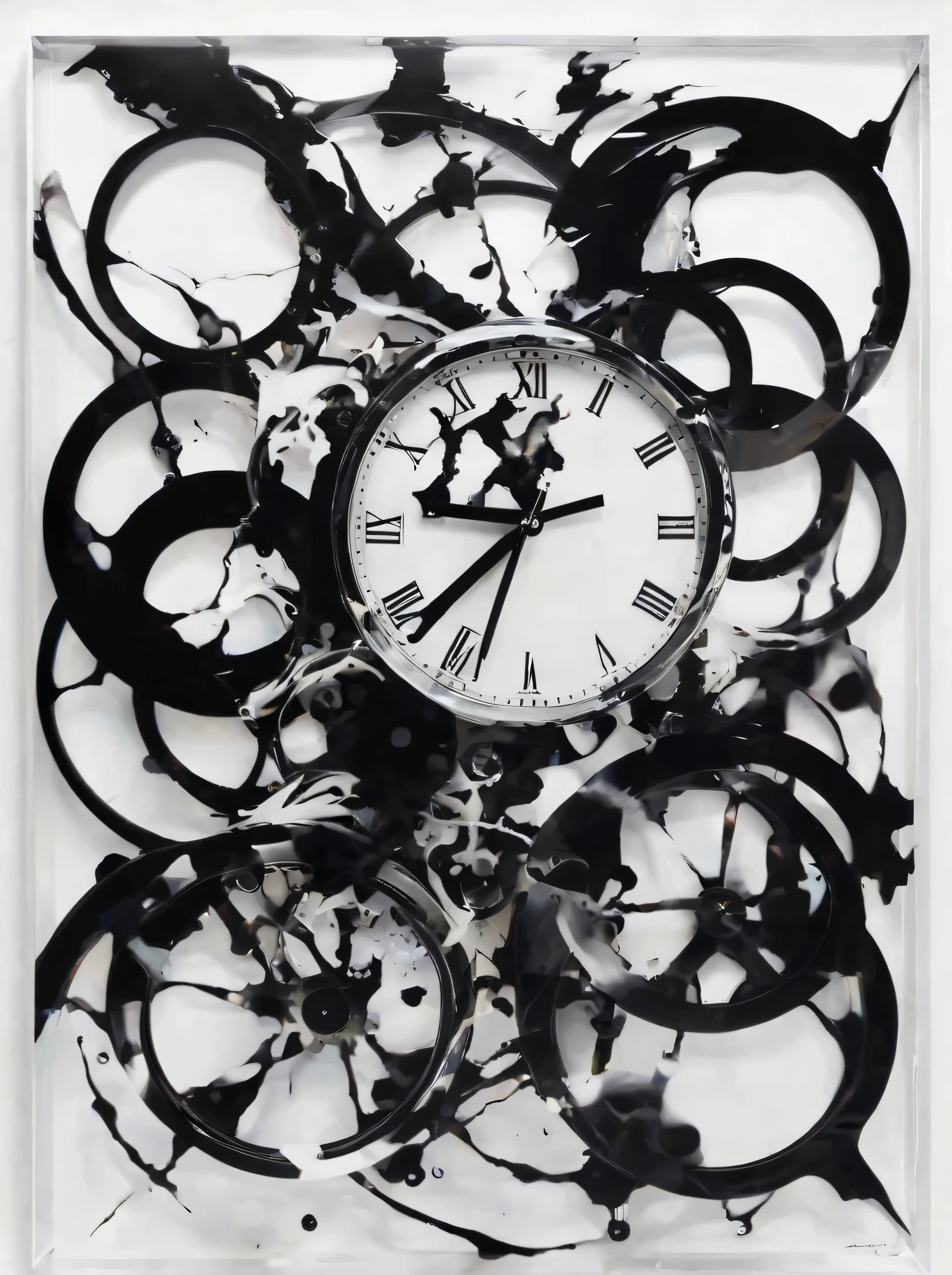 monochromatic abstract expressionism, disintegrating clock mechanisms rendered in fluid black ink, fox outline subtly integrated through transparent layers, white background with dynamic swirling patterns, double exposure technique blending animal and timepiece, contemporary ink art, gestural brush strokes, artistic photography, studio lighting, 8k resolution