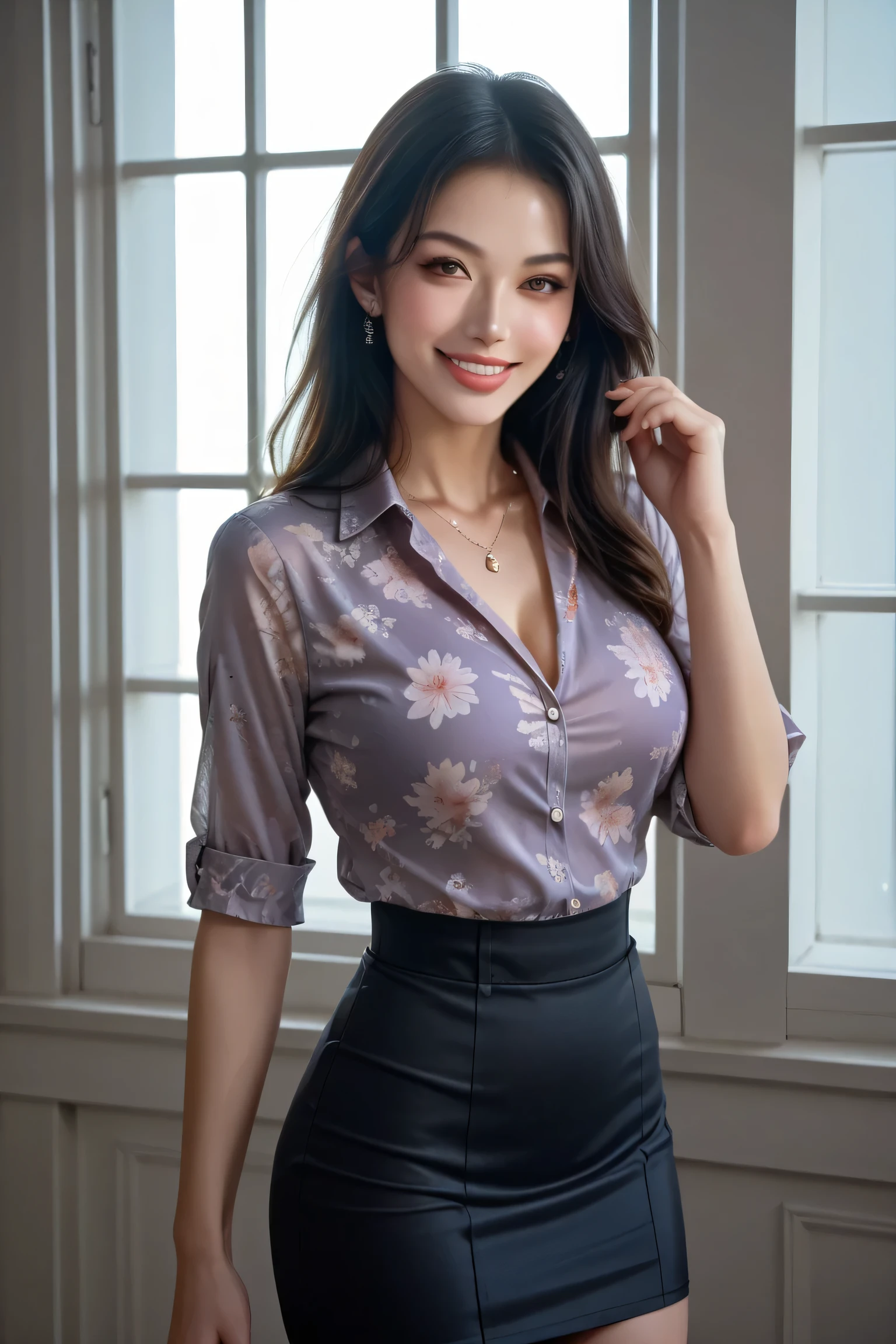 score_9, score_8_up, score_7_up, 1girl, Japanese woman, early 40s, cowboy shot, beautiful face, confident pose,
floral purple silk blouse, tight black mini skirt, refined silhouette,
intelligent smile, full lips, soft wavy black hair, porcelain skin,
minimalist gallery background, soft dramatic lighting, direct gaze, sensual & intellectual