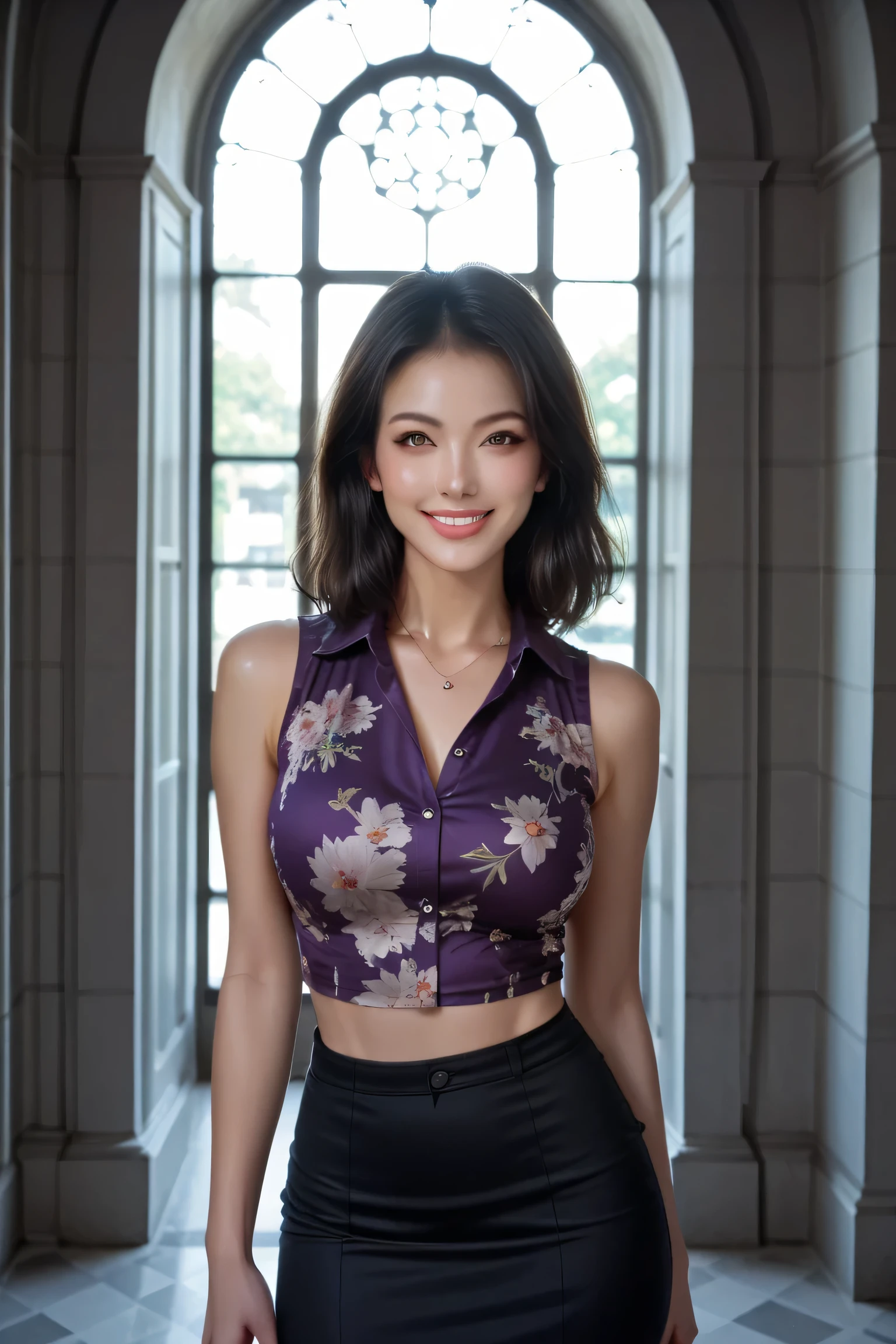 score_9, score_8_up, score_7_up, 1girl, Japanese woman, early 40s, cowboy shot, beautiful face, confident pose,
floral purple silk blouse, tight black mini skirt, refined silhouette,
intelligent smile, full lips, soft wavy black hair, porcelain skin,
minimalist gallery background, soft dramatic lighting, direct gaze, sensual & intellectual