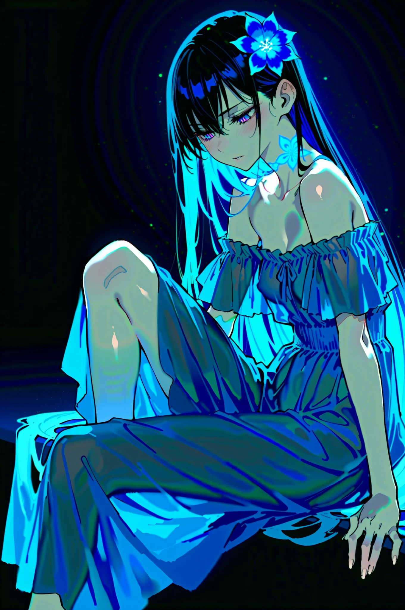 Masterpiece, best quality, amazing quality, newest, very aesthetic, absurdres, (scenery:1.4), 8k, good anatomy, good shading, ultra detailed, refined details, high resolution, HD, masterwork, G0zeNA_illu,abstract,surreal, XUER guangying,748cmstyle.

(shinkai makoto:0.75), (mazjojo:0.83), (artist:pigeon666:0.67), (artist:zawar379:0.77), (artist:remsrar:0.65), (artist:yoneyama mai:0.74), (chimmyming:0.72), (konya karasue:0.55), (remsrar:0.65), nub1mo, (Yomu:0.3),(dino_(dinoartforame):0.5),(quasarcake:0.4),(wlop:0.3), (ebifurya:0.52), (as109:0.82), (krekkov:0.68), (mossacannibalis:0.56), (tianliang duohe fangdongye:0.8), (z-ton:1.04), (photorealistic:1.2), (illustration:1.3), high resolution, sharp focus, soft lighting, aged up, 1girl, long hair, blue eyes, blue hair, off shoulder, black hair, bare shoulders, sidelocks, very long hair, blush, half-closed eyes, hair flower, expressionless, hair between eyes, glowing hair, straight hair, parted lips, looking down, purple eyes, dress, white dress, hair ornament, floral print, off-shoulder dress, see-through, frills, frilled dress, blue dress, sitting, knee up, looking at viewer, flower, water, glowing, solo, blue theme, black background, from side, simple background, feet out of frame, dark, tattoo, closed mouth, white flower, arm tattoo, blue flower, dark background, flower tattoo, light particles, (medium\), tesun \(g noh\).
Negative prompt: lowres, (bad quality,worst quality:1.2), long neck, bad anatomy,watermark, sketch,jpeg artifacts,ugly, poorly drawn,(censor),cross, loli
Steps: 25, CFG scale: 4, Sampler: DPM++ 3M SDE, Seed: 1182288780