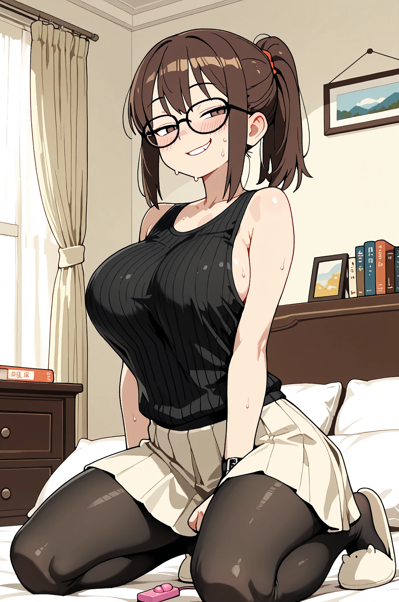 8k、masterpiece、Japanese、Woman wearing glasses、anise、from the front、smile、Childish、Big Breasts、Sheer School Swimsuit、night、Bedroom、Spread your legs and show、loose socks
