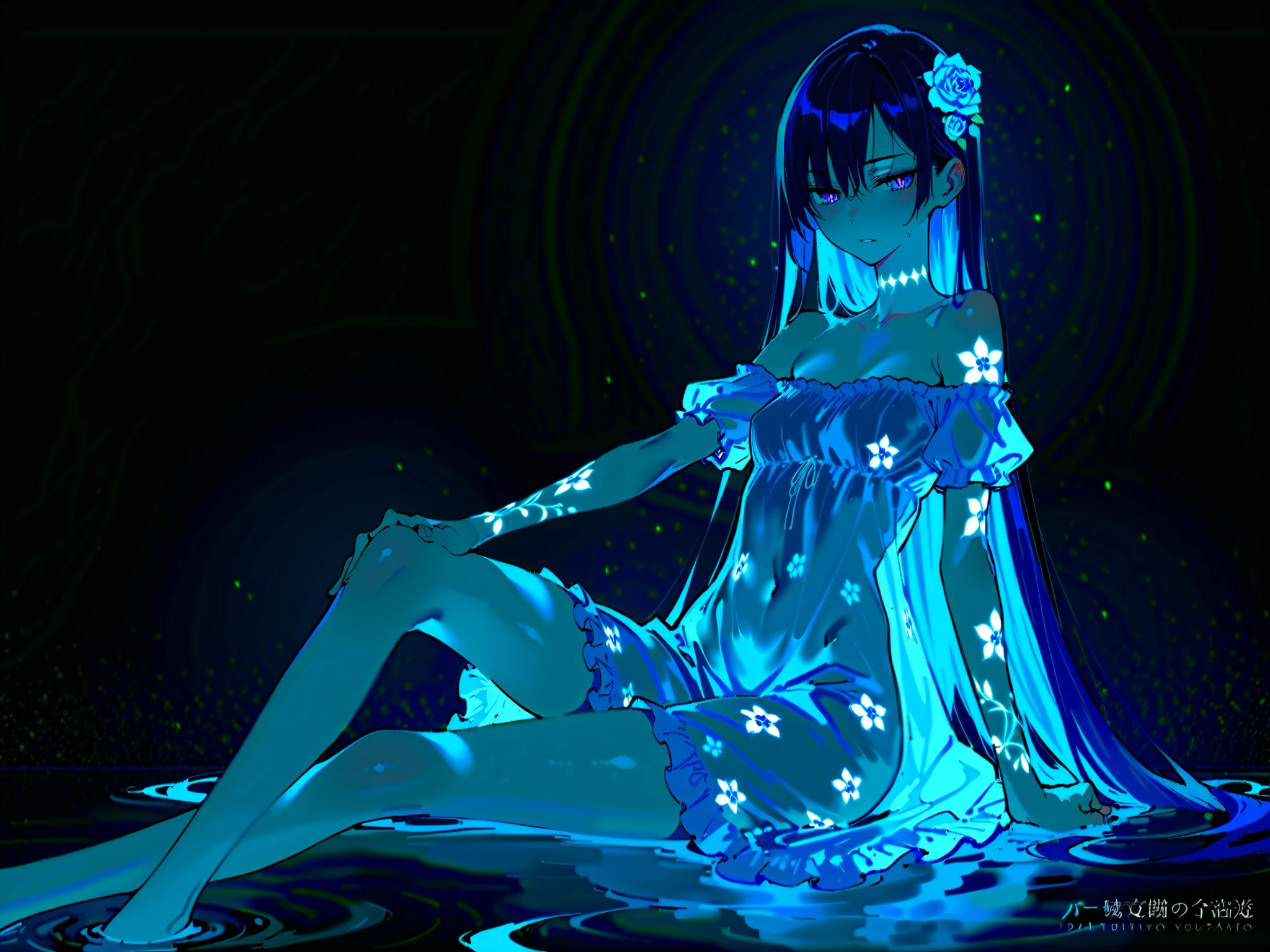 Masterpiece, best quality, amazing quality, newest, very aesthetic, absurdres, (scenery:1.4), 8k, good anatomy, good shading, ultra detailed, refined details, high resolution, HD, masterwork, G0zeNA_illu,abstract,surreal, XUER guangying,748cmstyle.
(shinkai makoto:0.75), (mazjojo:0.83), (artist:pigeon666:0.67), (artist:zawar379:0.77), (artist:remsrar:0.65), (artist:yoneyama mai:0.74), (chimmyming:0.72), (konya karasue:0.55), (remsrar:0.65), nub1mo, (Yomu:0.3),(dino_(dinoartforame):0.5),(quasarcake:0.4),(wlop:0.3), (ebifurya:0.52), (as109:0.82), (krekkov:0.68), (mossacannibalis:0.56), (tianliang duohe fangdongye:0.8), (z-ton:1.04), (photorealistic:1.2), (illustration:1.3), high resolution, sharp focus, soft lighting, aged up, 1girl, long hair, blue eyes, blue hair, off shoulder, black hair, bare shoulders, sidelocks, very long hair, blush, half-closed eyes, hair flower, expressionless, hair between eyes, glowing hair, straight hair, parted lips, looking down, purple eyes, dress, white dress, hair ornament, floral print, off-shoulder dress, see-through, frills, frilled dress, blue dress, sitting, knee up, looking at viewer, flower, water, glowing, solo, blue theme, black background, from side, simple background, feet out of frame, dark, tattoo, closed mouth, white flower, arm tattoo, blue flower, dark background, flower tattoo, light particles, (medium\), tesun \(g noh\).
Negative prompt: lowres, (bad quality,worst quality:1.2), long neck, bad anatomy,watermark, sketch,jpeg artifacts,ugly, poorly drawn,(censor),cross, loli
Steps: 25, CFG scale: 4, Sampler: DPM++ 3M SDE, Seed: 1182288780