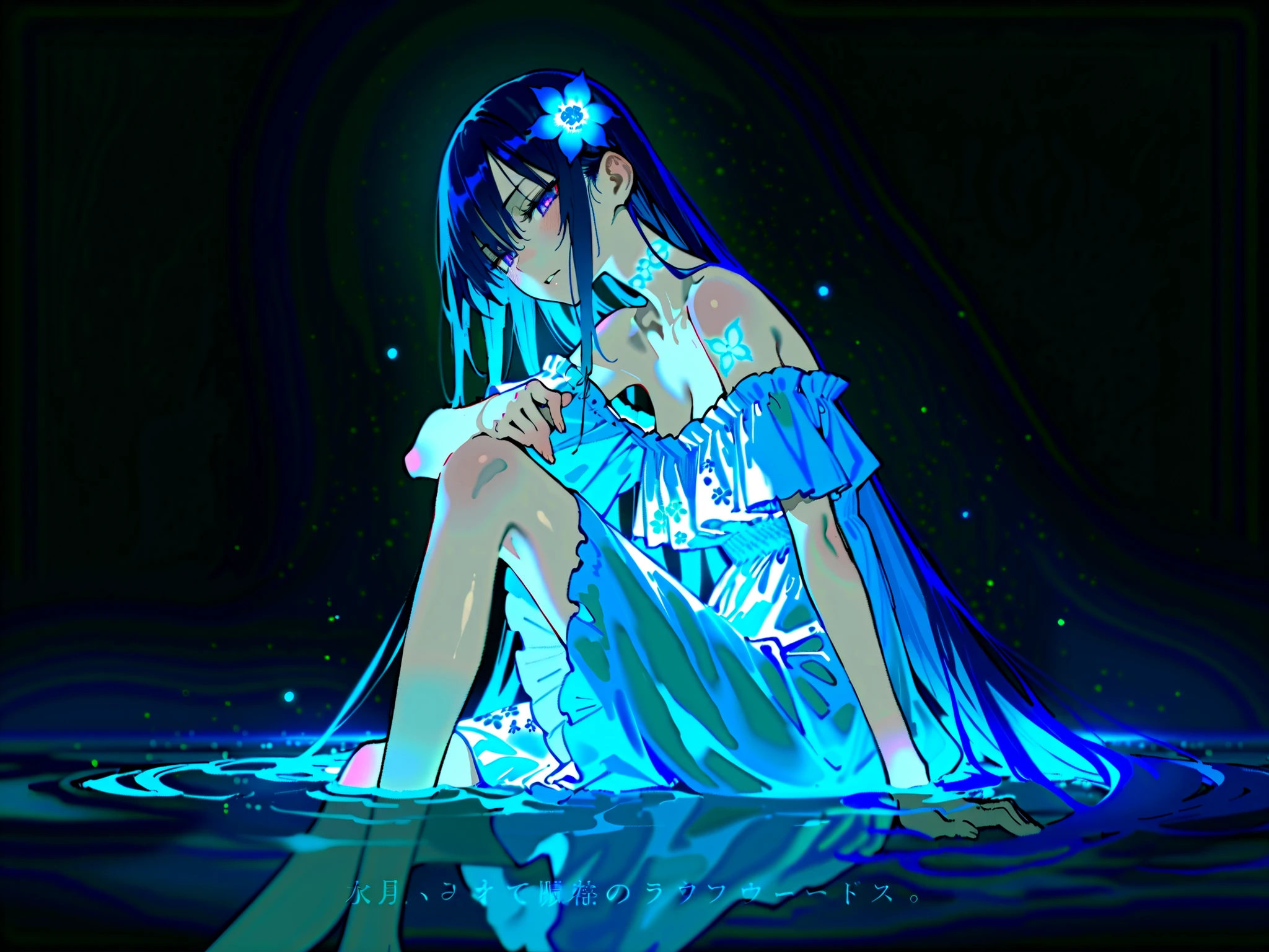 Masterpiece, best quality, amazing quality, newest, very aesthetic, absurdres, (scenery:1.4), 8k, good anatomy, good shading, ultra detailed, refined details, high resolution, HD, masterwork, G0zeNA_illu,abstract,surreal, XUER guangying,748cmstyle.
(shinkai makoto:0.75), (mazjojo:0.83), (artist:pigeon666:0.67), (artist:zawar379:0.77), (artist:remsrar:0.65), (artist:yoneyama mai:0.74), (chimmyming:0.72), (konya karasue:0.55), (remsrar:0.65), nub1mo, (Yomu:0.3),(dino_(dinoartforame):0.5),(quasarcake:0.4),(wlop:0.3), (ebifurya:0.52), (as109:0.82), (krekkov:0.68), (mossacannibalis:0.56), (tianliang duohe fangdongye:0.8), (z-ton:1.04), (photorealistic:1.2), (illustration:1.3), high resolution, sharp focus, soft lighting, aged up, 1girl, long hair, blue eyes, blue hair, off shoulder, black hair, bare shoulders, sidelocks, very long hair, blush, half-closed eyes, hair flower, expressionless, hair between eyes, glowing hair, straight hair, parted lips, looking down, purple eyes, dress, white dress, hair ornament, floral print, off-shoulder dress, see-through, frills, frilled dress, blue dress, sitting, knee up, looking at viewer, flower, water, glowing, solo, blue theme, black background, from side, simple background, feet out of frame, dark, tattoo, closed mouth, white flower, arm tattoo, blue flower, dark background, flower tattoo, light particles, (medium\), tesun \(g noh\).
Negative prompt: lowres, (bad quality,worst quality:1.2), long neck, bad anatomy,watermark, sketch,jpeg artifacts,ugly, poorly drawn,(censor),cross, loli
Steps: 25, CFG scale: 4, Sampler: DPM++ 3M SDE, Seed: 1182288780